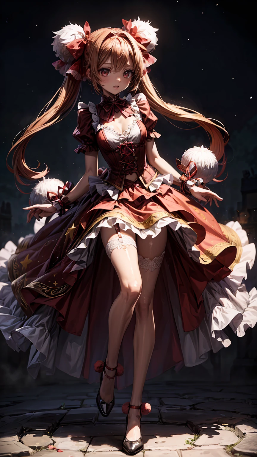 ( full body, legs and shoes visible: 1.2)) expressive eyes, woman, Pale skin, Long Hair,  hair that flutters like, ((Long Hair)),  Long Side Locks , Princess Bangs, Hair bangs, Hair Bun, (( long twin tails)), Burning Hair, Red Hair,  blushing, full face  blushing, Big Sparkling Red Eyes , (gradient eyes), Open Mouth Smile , cute pose,
Flowing, fiery dress, (( Crimson Multicolor Open Dress )), (mist), Orange Frills, Yellow Frill, ( Light Red Lace ), Removable short sleeves,  Fluffy skirts , ((Fire and Star Print Skirt : 1.3)), ****There is a skirt。, Dark red bow, ((Pompom ribbon hair accessory : 1.4)), Multiple Bows,  Striped Lace Stockings , (Heart-shaped leg garters), cute (Deep Orange) shoes (( Highly Detailed Clothing and Fashion ))  looking at you , ,  blushing, ( beautiful detailed eyes), ( HIGHLY DETAIRED CG UNITY 8K WALLPAPER) ( Best Shadow ), (( very delicate and beautiful )), (Detailed light), (( depth of field)) Big Head, Big, bright eyes, Moe,  splash art , Cinematic lighting, Front View,  Volumetric Lighting Extremist Photo Illustration with 64k Resolution Complex and Detailed Key Visuals Accurate Linear 
((With a dark palace in the background, surrounded by expensive decorations,  shooting stars)) ((Ultra detailed views ,  foggy ,  Darkness : 1.3))