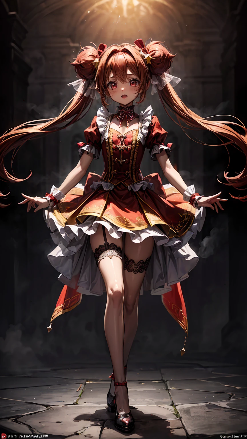 ( full body, legs and shoes visible: 1.2)) expressive eyes, woman, Pale skin, Long Hair,  hair that flutters like, ((Long Hair)),  Long Side Locks , Princess Bangs, Hair bangs, Hair Bun, (( long twin tails)), Burning Hair, Red Hair,  blushing, full face  blushing, Big Sparkling Red Eyes , (gradient eyes), Open Mouth Smile , cute pose,
Flowing, fiery dress, (( Crimson Multicolor Open Dress )), (mist), Orange Frills, Yellow Frill, ( Light Red Lace ), Removable short sleeves,  Fluffy skirts , ((Fire and Star Print Skirt : 1.3)), ****There is a skirt。, Dark red bow, ((Pompom ribbon hair accessory : 1.4)), Multiple Bows,  Striped Lace Stockings , (Heart-shaped leg garters), cute (Deep Orange) shoes (( Highly Detailed Clothing and Fashion ))  looking at you , ,  blushing, ( beautiful detailed eyes), ( HIGHLY DETAIRED CG UNITY 8K WALLPAPER) ( Best Shadow ), (( very delicate and beautiful )), (Detailed light), (( depth of field)) Big Head, Big, bright eyes, Moe,  splash art , Cinematic lighting, Front View,  Volumetric Lighting Extremist Photo Illustration with 64k Resolution Complex and Detailed Key Visuals Accurate Linear 
((With a dark palace in the background, surrounded by expensive decorations,  shooting stars)) ((Ultra detailed views ,  foggy ,  Darkness : 1.3))