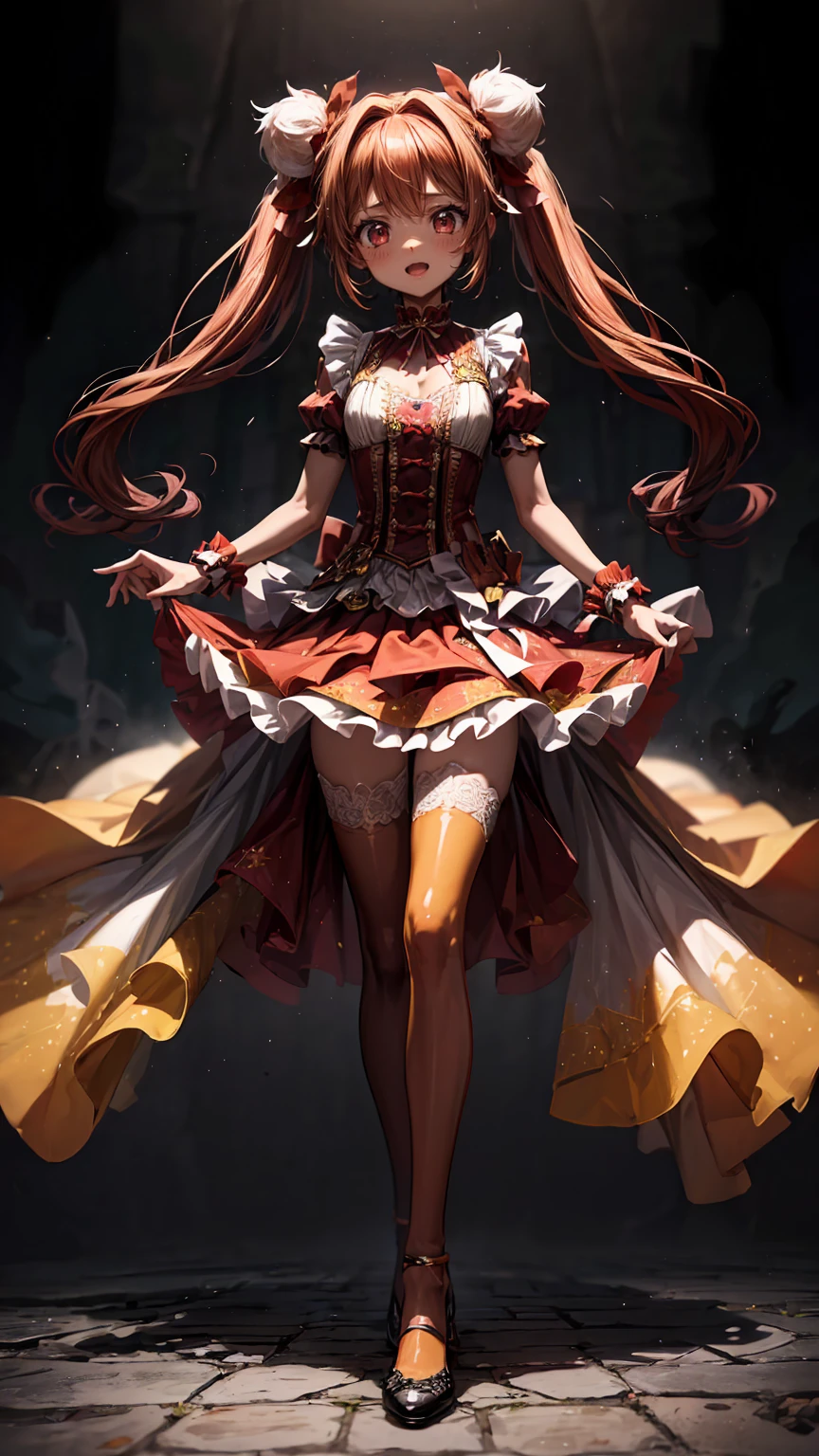 ( full body, legs and shoes visible: 1.2)) expressive eyes, woman, Pale skin, Long Hair,  hair that flutters like, ((Long Hair)),  Long Side Locks , Princess Bangs, Hair bangs, Hair Bun, (( long twin tails)), Burning Hair, Red Hair,  blushing, full face  blushing, Big Sparkling Red Eyes , (gradient eyes), Open Mouth Smile , cute pose,
Flowing, fiery dress, (( Crimson Multicolor Open Dress )), (mist), Orange Frills, Yellow Frill, ( Light Red Lace ), Removable short sleeves,  Fluffy skirts , ((Fire and Star Print Skirt : 1.3)), ****There is a skirt。, Dark red bow, ((Pompom ribbon hair accessory : 1.4)), Multiple Bows,  Striped Lace Stockings , (Heart-shaped leg garters), cute (Deep Orange) shoes (( Highly Detailed Clothing and Fashion ))  looking at you , ,  blushing, ( beautiful detailed eyes), ( HIGHLY DETAIRED CG UNITY 8K WALLPAPER) ( Best Shadow ), (( very delicate and beautiful )), (Detailed light), (( depth of field)) Big Head, Big, bright eyes, Moe,  splash art , Cinematic lighting, Front View,  Volumetric Lighting Extremist Photo Illustration with 64k Resolution Complex and Detailed Key Visuals Accurate Linear 
((With a dark palace in the background, surrounded by expensive decorations,  shooting stars)) ((Ultra detailed views ,  foggy ,  Darkness : 1.3))