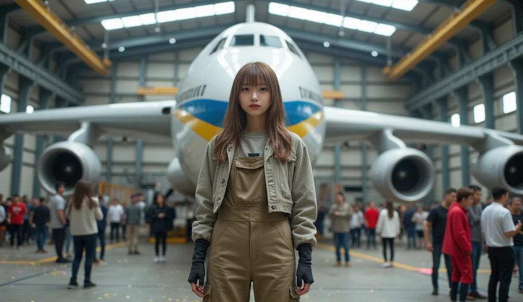 ultra-realistic, photorealistic, dramatic scene, shadow, global-illumination, solo, (20 years old Japanese famous idol girl:1.5), very beautiful fragile Japanese girl, very beautiful with very cute face, (aircraft mechanic, detailed face skin texture:1.2), (wearing an oil stained mechanic's outfit with jacket:1.2), She is standing by the wing of the aircraft, there is a impossibly huge aircraft of Antonov AN-225 aircraft that was completely repaired and repainted, at the spacious Aircraft hangar lavishly decorated to celebrate the completion of aircraft restoration, flowers, Many Ukrainian people attending the celebration ceremony, white airplane with yellow and blue lines, the aircraft has 3 jet engines per wing, (huge tail H-wing), (Large main wing attached to the upper end of the fuselage of an aircraft:2), (front side view of the aircraft), She looks so happy, smile, everyone is clapping hands, confetti