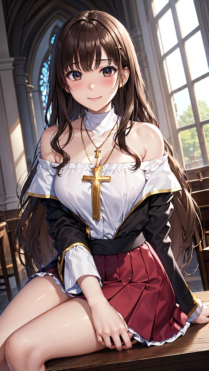 ((Tabletop, Highest quality, High resolution, , Pixel Perfect, 4K,))), 1 female, 、The whole body is visible、 ((Long Wavy Hair, bangs, Brown Hair)), ((Brown eyes, Beautiful eyelashes, Realistic eyes)), ((Detailed face, Blushing:1.2)), ((Smooth texture:0.75, Realistic texture:0.65, Realistic:1.1, Anime CG Style)), Medium sized breasts, Dynamic Angle, Perfect body, (( , , Beautiful Priest、、 Priest off-shoulder jacket、Pleat Long Flare Skirt、、)), Gold Hair Ornament、Cross Necklace、、Very embarrassing panic smile, 、Gorgeous church basilica、、、、Hold a big Bible、Sitting on the floor、Spread your legs、、、Lace panties are visible、Bring your arms together、、、、 、Angle from below)、