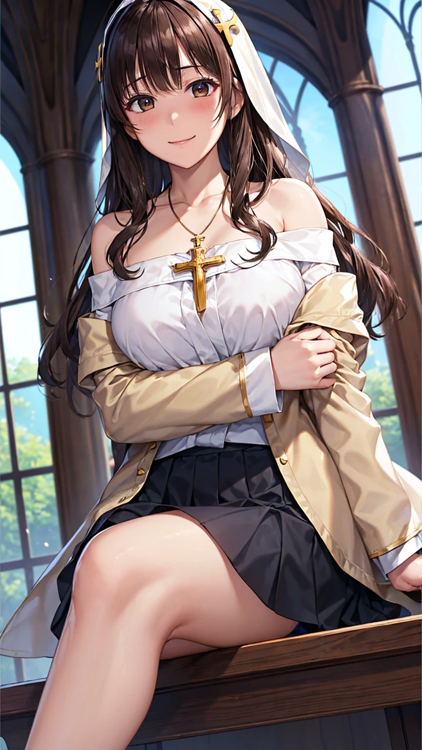 ((Tabletop, Highest quality, High resolution, , Pixel Perfect, 4K,))), 1 female, 、The whole body is visible、 ((Long Wavy Hair, bangs, Brown Hair)), ((Brown eyes, Beautiful eyelashes, Realistic eyes)), ((Detailed face, Blushing:1.2)), ((Smooth texture:0.75, Realistic texture:0.65, Realistic:1.1, Anime CG Style)), Medium sized breasts, Dynamic Angle, Perfect body, (( , , Beautiful Priest、、 Priest off-shoulder jacket、Pleat Long Flare Skirt、、)), Gold Hair Ornament、Cross Necklace、、Very embarrassing panic smile, 、Gorgeous church basilica、、、、Hold a big Bible、Sitting on the floor、Get on one knee、、、Light blue lace panties are visible、Bring your arms together、、、、 、Angle from below)、