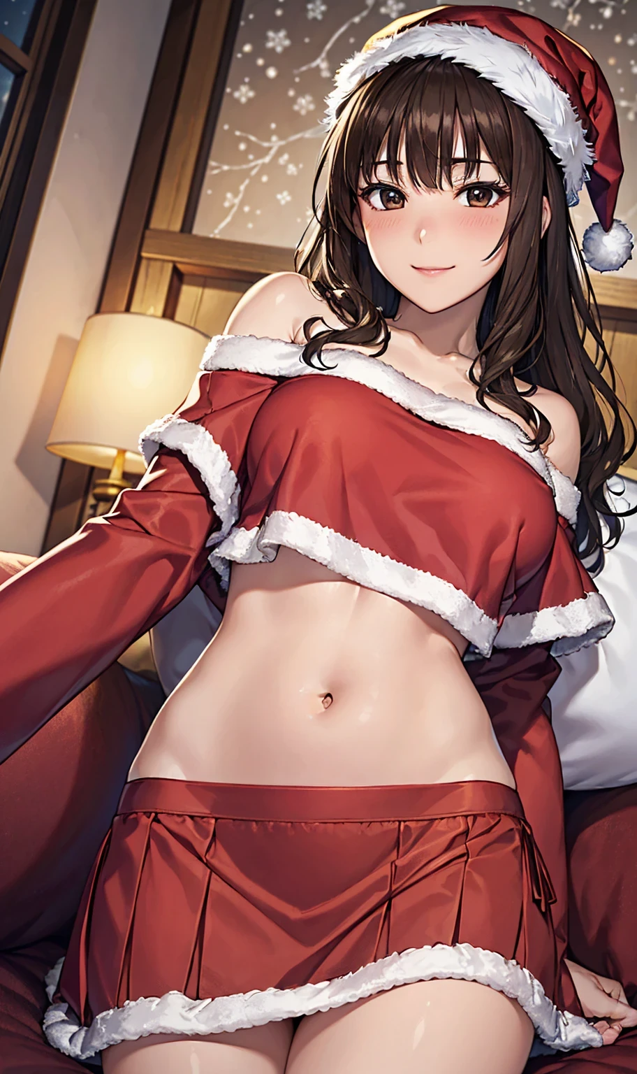 yuuki asuna, kizukiai, orang hair, brown eyes, long hair, braid, huge breasts, anatomically correct, long sleeves, off shoulder, bra, navel, layered skirt, butterfly hair ornament, breasts, sitting, shoes, looking_at_viewer, solo, midriff, sneakers, red_background, large_breasts, HD, highres, best quality, shiny skin, sweating, bokeh, facing viewer,