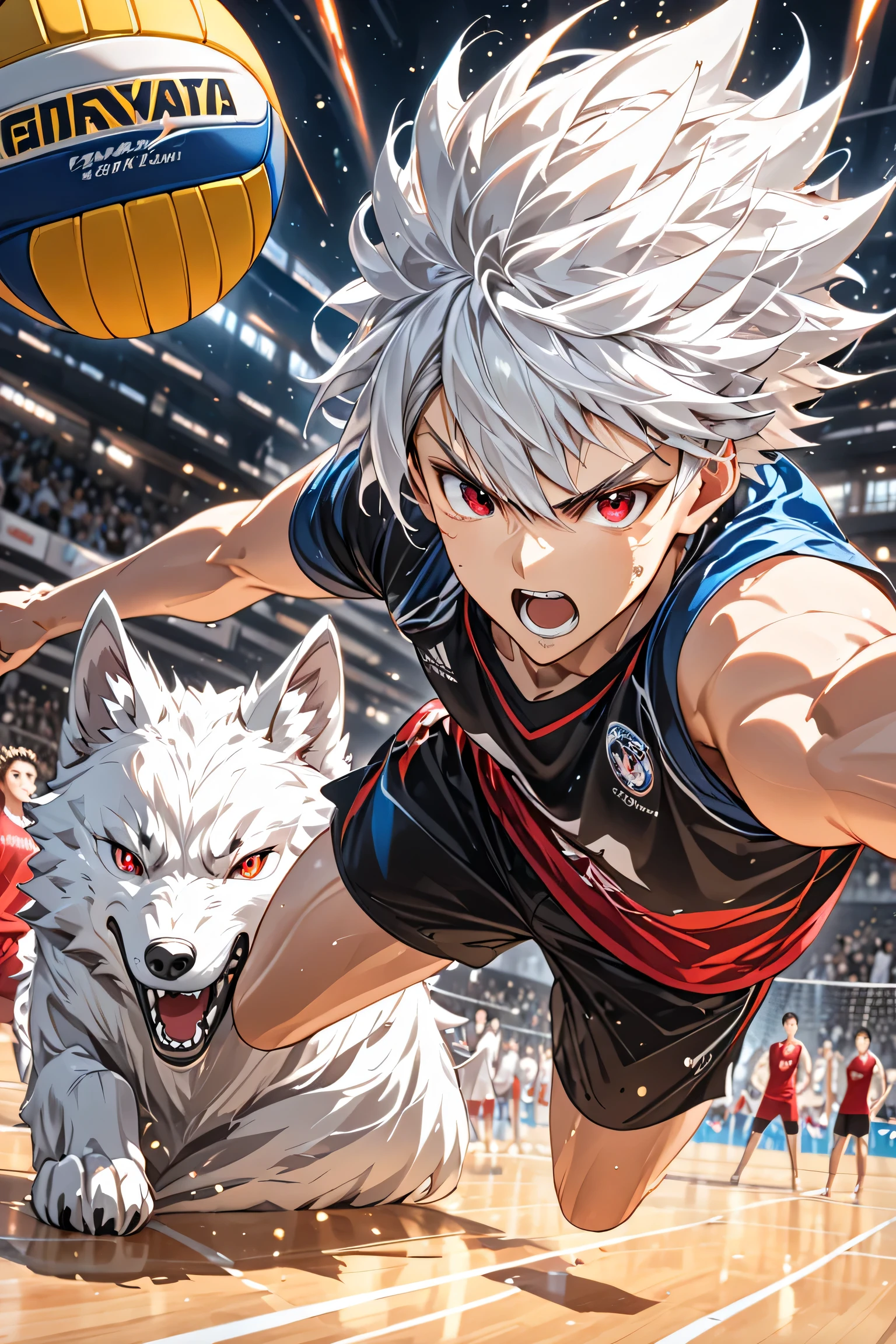  male volleyball player,  wolf in the background  , Attack on the ball , anime boy , white hair , red eyes 