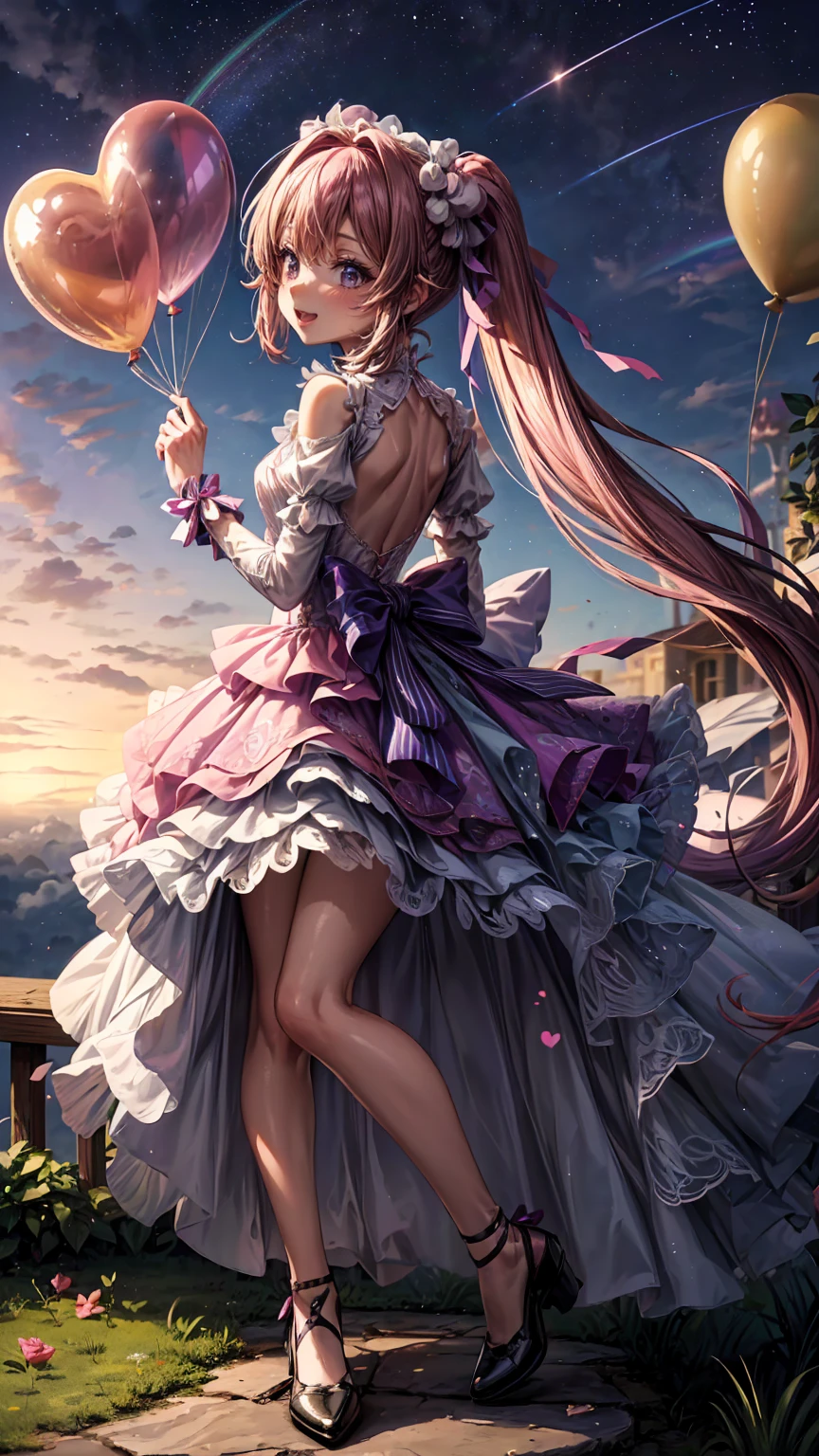 ( full body, legs and shoes visible: 1.2)) expressive eyes, woman, Pale skin, Long Hair,  hair that flutters like, ((absurdly Long Hair)),  Long Side Locks , Princess Bangs, Hair bangs, Hair Bun, ((  extra long twin tail )), Rainbow Hair,  light pink hair ,  blushing, full face  blushing, big sparkling  Pastel Purple  eyes, (gradient eyes), Open Mouth Smile , cute pose, ((Holding a balloon : 1.3)) 
((cute and pastel fashion)) ((🌞🥳😃🌹🌷🌳 theme : 1.4))  Loose Pastel Dress , (( Dreamy Multi Colored Open Dress )), (Floating ribbon), Lavender Frills, Pink frills, (Light Blue Lace), Removable short sleeves,  Fluffy skirts , (( Rainbow and Star Print Skirt  : 1.3)), ****There is a skirt。, Purple ribbon, ((Pompom ribbon hair accessory : 1.4)), Multiple Bows,  Striped Lace Stockings , (heart型のレッグガーター), cute ( Pastel Purple ) shoes (( Highly Detailed Clothing and Fashion ))  looking at you , ,  blushing, ( beautiful detailed eyes), ( HIGHLY DETAIRED CG UNITY 8K WALLPAPER) ( Best Shadow ), (( very delicate and beautiful )), (Detailed light), (( depth of field)) Big Head, Big, bright eyes, Moe,  splash art , Cinematic lighting, Front View,  Volumetric Lighting Extremist Photo Illustration with 64k Resolution Complex and Detailed Key Visuals Accurate Linear 
(( dreamy pastel sky background , Surrounded by sunset clouds,  shooting stars, Castle in the Clouds)) ((Ultra detailed views , Cloud of fog, Suspended by balloons, heart : 1.3))