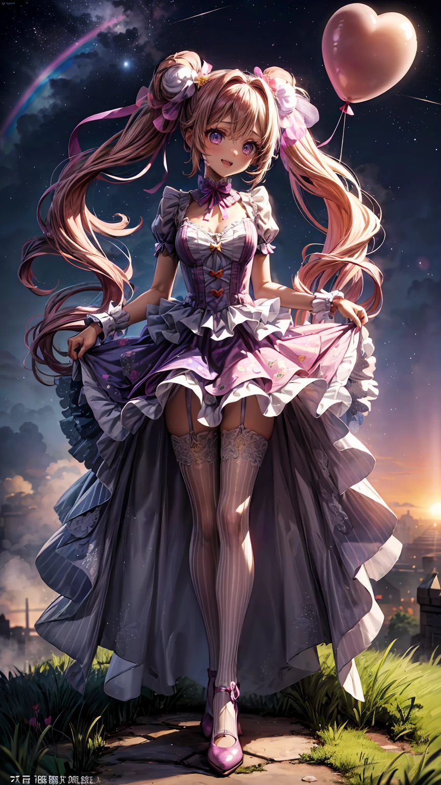 ( full body, legs and shoes visible: 1.2)) expressive eyes, woman, Pale skin, Long Hair,  hair that flutters like, ((absurdly Long Hair)),  Long Side Locks , Princess Bangs, Hair bangs, Hair Bun, ((  extra long twin tail )), Rainbow Hair,  light pink hair ,  blushing, full face  blushing, big sparkling  Pastel Purple  eyes, (gradient eyes), Open Mouth Smile , cute pose, ((Holding a balloon : 1.3)) 
((cute and pastel fashion)) ((🌞🥳😃🌹🌷🌳 theme : 1.4))  Loose Pastel Dress , (( Dreamy Multi Colored Open Dress )), (Floating ribbon), Lavender Frills, Pink frills, (Light Blue Lace), Removable short sleeves,  Fluffy skirts , (( Rainbow and Star Print Skirt  : 1.3)), ****There is a skirt。, Purple ribbon, ((Pompom ribbon hair accessory : 1.4)), Multiple Bows,  Striped Lace Stockings , (heart型のレッグガーター), cute ( Pastel Purple ) shoes (( Highly Detailed Clothing and Fashion ))  looking at you , ,  blushing, ( beautiful detailed eyes), ( HIGHLY DETAIRED CG UNITY 8K WALLPAPER) ( Best Shadow ), (( very delicate and beautiful )), (Detailed light), (( depth of field)) Big Head, Big, bright eyes, Moe,  splash art , Cinematic lighting, Front View,  Volumetric Lighting Extremist Photo Illustration with 64k Resolution Complex and Detailed Key Visuals Accurate Linear 
(( dreamy pastel sky background , Surrounded by sunset clouds,  shooting stars, Castle in the Clouds)) ((Ultra detailed views , Cloud of fog, Suspended by balloons, heart : 1.3))