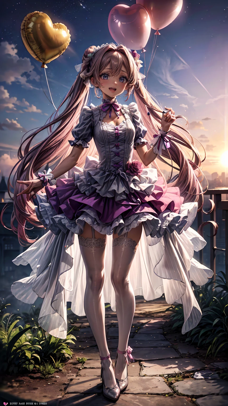 ( full body, legs and shoes visible: 1.2)) expressive eyes, woman, Pale skin, Long Hair,  hair that flutters like, ((absurdly Long Hair)),  Long Side Locks , Princess Bangs, Hair bangs, Hair Bun, ((  extra long twin tail )), Rainbow Hair,  light pink hair ,  blushing, full face  blushing, big sparkling  Pastel Purple  eyes, (gradient eyes), Open Mouth Smile , cute pose, ((Holding a balloon : 1.3)) 
((cute and pastel fashion)) ((🌞🥳😃🌹🌷🌳 theme : 1.4))  Loose Pastel Dress , (( Dreamy Multi Colored Open Dress )), (Floating ribbon), Lavender Frills, Pink frills, (Light Blue Lace), Removable short sleeves,  Fluffy skirts , (( Rainbow and Star Print Skirt  : 1.3)), ****There is a skirt。, Purple ribbon, ((Pompom ribbon hair accessory : 1.4)), Multiple Bows,  Striped Lace Stockings , (heart型のレッグガーター), cute ( Pastel Purple ) shoes (( Highly Detailed Clothing and Fashion ))  looking at you , ,  blushing, ( beautiful detailed eyes), ( HIGHLY DETAIRED CG UNITY 8K WALLPAPER) ( Best Shadow ), (( very delicate and beautiful )), (Detailed light), (( depth of field)) Big Head, Big, bright eyes, Moe,  splash art , Cinematic lighting, Front View,  Volumetric Lighting Extremist Photo Illustration with 64k Resolution Complex and Detailed Key Visuals Accurate Linear 
(( dreamy pastel sky background , Surrounded by sunset clouds,  shooting stars, Castle in the Clouds)) ((Ultra detailed views , Cloud of fog, Suspended by balloons, heart : 1.3))