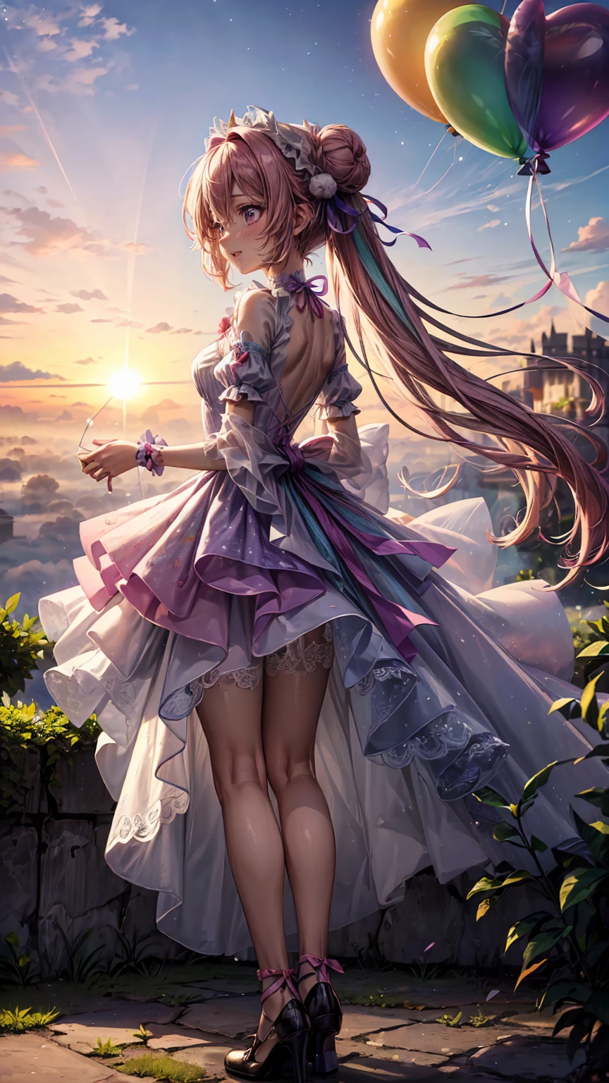 ( full body, legs and shoes visible: 1.2)) expressive eyes, woman, Pale skin, Long Hair,  hair that flutters like, ((absurdly Long Hair)),  Long Side Locks , Princess Bangs, Hair bangs, Hair Bun, ((  extra long twin tail )), Rainbow Hair,  light pink hair ,  blushing, full face  blushing, big sparkling  Pastel Purple  eyes, (gradient eyes), Open Mouth Smile , cute pose, ((Holding a balloon : 1.3)) 
((cute and pastel fashion)) ((🌞🥳😃🌹🌷🌳 theme : 1.4))  Loose Pastel Dress , (( Dreamy Multi Colored Open Dress )), (Floating ribbon), Lavender Frills, Pink frills, (Light Blue Lace), Removable short sleeves,  Fluffy skirts , (( Rainbow and Star Print Skirt  : 1.3)), ****There is a skirt。, Purple ribbon, ((Pompom ribbon hair accessory : 1.4)), Multiple Bows,  Striped Lace Stockings , (heart型のレッグガーター), cute ( Pastel Purple ) shoes (( Highly Detailed Clothing and Fashion ))  looking at you , ,  blushing, ( beautiful detailed eyes), ( HIGHLY DETAIRED CG UNITY 8K WALLPAPER) ( Best Shadow ), (( very delicate and beautiful )), (Detailed light), (( depth of field)) Big Head, Big, bright eyes, Moe,  splash art , Cinematic lighting, Front View,  Volumetric Lighting Extremist Photo Illustration with 64k Resolution Complex and Detailed Key Visuals Accurate Linear 
(( dreamy pastel sky background , Surrounded by sunset clouds,  shooting stars, Castle in the Clouds)) ((Ultra detailed views , Cloud of fog, Suspended by balloons, heart : 1.3))