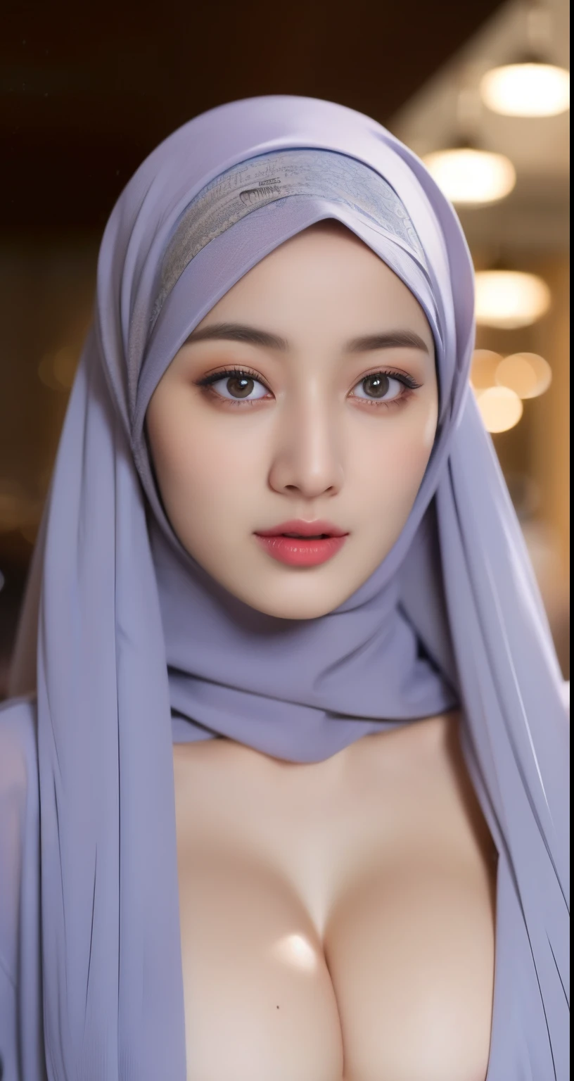 ((wear hijab in head)), pretty hijab girl, cute face, in caffe, caffe shop,beutifull long eyelashes, brown eyes, (intricate eye details), detailed nose, detailed lips, detailed face, detailed eyes, detailed hijab girl, (very cute face), wear hijab girl, wear hijab, wear hijab in head, no bra, ((No Bra)),show breasts, ((medium breasts)), show your breasts, medium tits , show your breasts, ((Unbra)), open long clothes,long blue blush clothes, clothes long outfit trendy, ((show breasts)), sexy waist, hijab girl, caffe background,masterpiece, close-up shot portrait,  photorealistic, HDR, UHD, professional, vivid colors, warm lighting,night,masterpiece, realistic beautifull hijab.