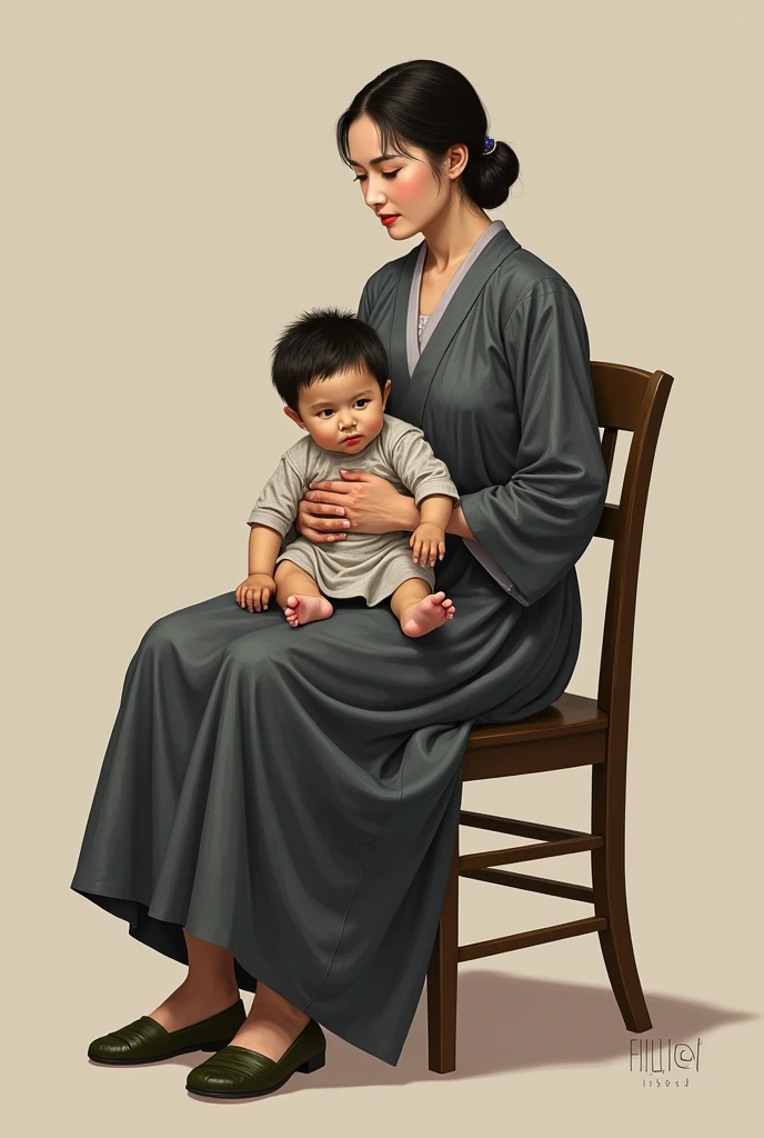 A Chinese grandmother wearing traditional black clothes,Holding a little boy in plaid clothes,Stand outdoors in a rural area,Overall perfection and clarity