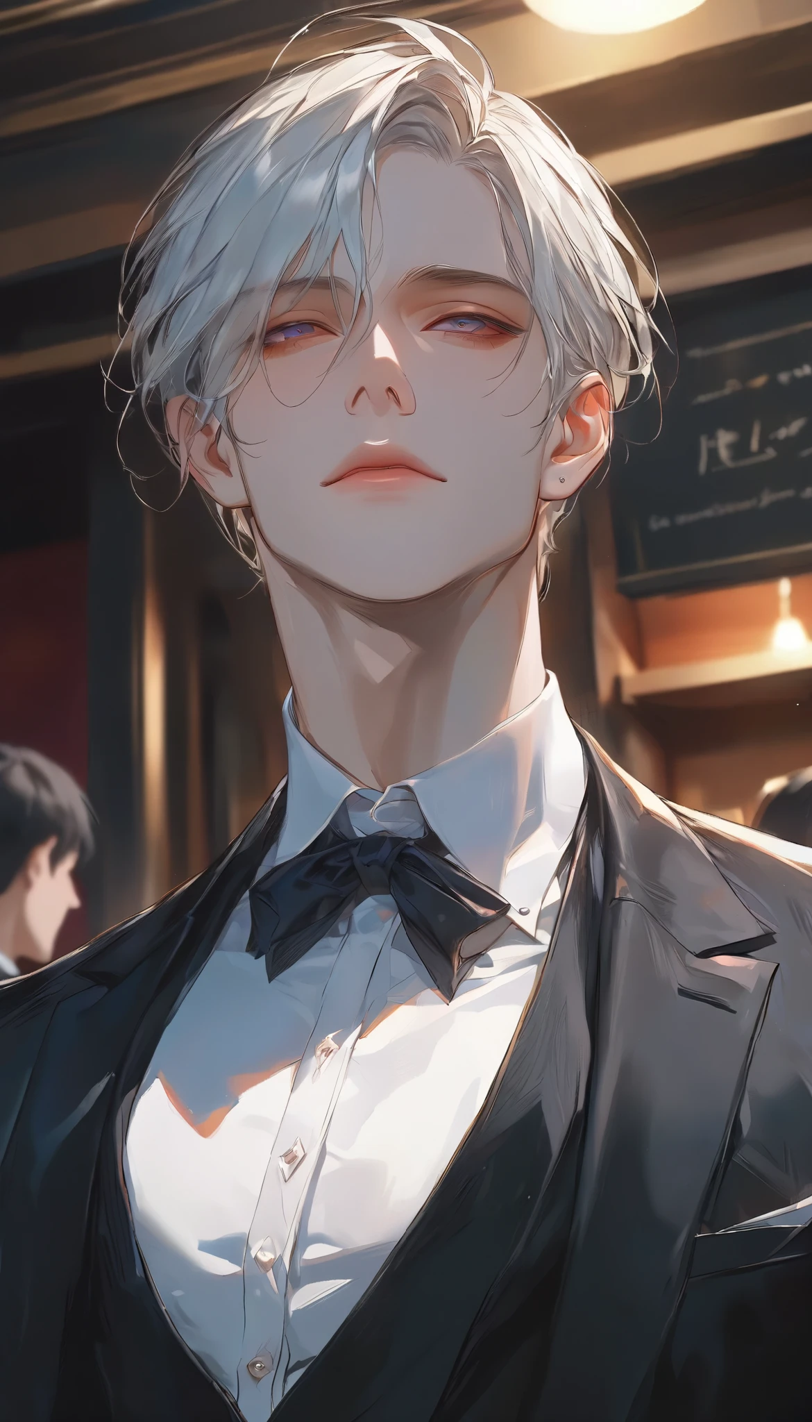 Handsome nerdy male, 1male, Man in suit, nerd, nerd boy, Strong shoulder width, human, simple hairstyle, gentleman style, A man in his 30s with shy expression, cafe background, (masterpiece:1.21),(bestquality:1.21),8k,high detailed, ultra-detailed, anime semi-realism, image with a third-person view, highly detailed illustration,  face through torso, ((solo, alone)), physically-based rendering, depth of field,(low saturation:1.3),(1boy;1.4:1.1),a male, slim, Real Skin Texture, White Marble Glowing Skin, model(random_color_clothing:1.45),(random stylish pose action:1.1), (random view shot)