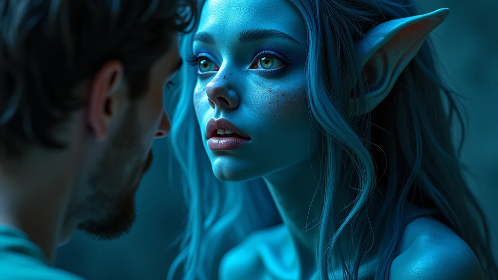 Fundo de piscina de cactos voadores, homem com olhos com formato de bocas, orelhas de elfos, mulher azul e com cabelos de fogo, surrealist plastic clothes, in a post-apocalyptic scenario