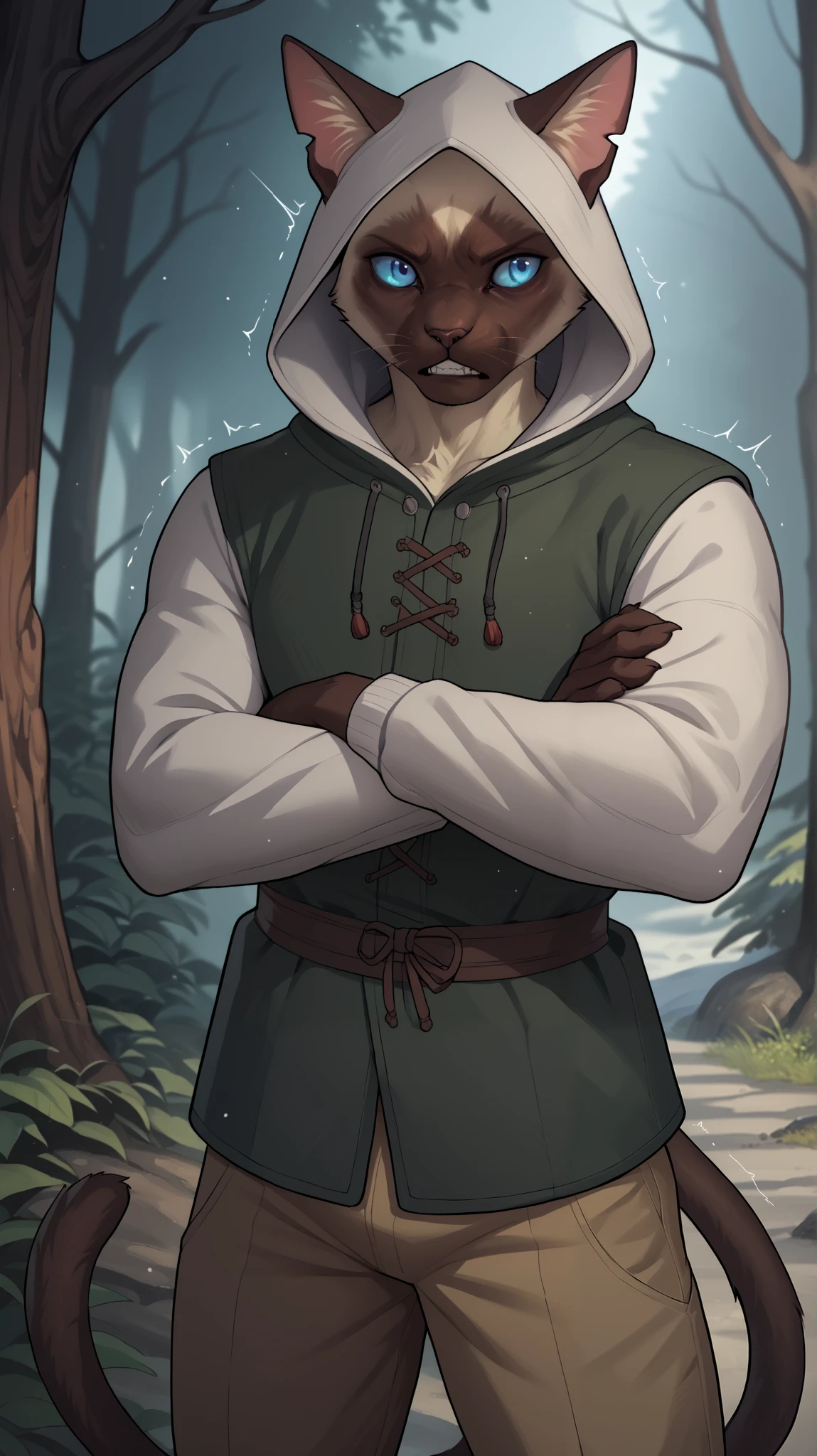 Solo, male, standing, forest, by chunie, by bebebebebe, by spuydjeks, by darkgem, by zackary911, muscular, equine, white horse, blonde hair, blue eyes, smirking, lifting tunic, exposing penis, (((equine penis)), tan tunic, black cloak, hood