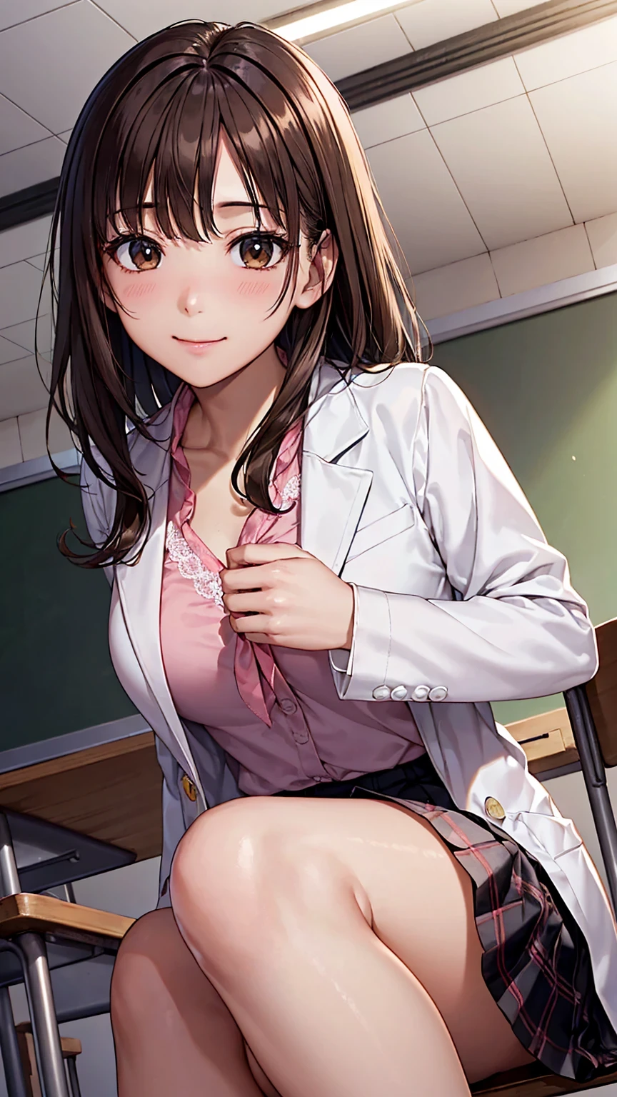 ((Tabletop, highest quality, High resolution, , Pixel perfect, 4K,))), 1 female teacher, single, alone, beauty、The whole body is visible、 ((Mid-wave hair, bangs, Brown Hair)), ((Brown eyes, Beautiful eyelashes, Realistic eyes)), ((Detailed face, Blushing:1.2)), ((Smooth texture:0.75, Realistic texture:0.65, Realistic:1.1, Anime CG Style)), Mid-chest, Dynamic Angle, Perfect body, (( , , Braless female doctor in a white coat、、, 、))、、Very embarrassing panic smile, 、Black flared skirt、classroom、Sit on a chair、、、(Showing off her white and pink floral lace panties、Spread your legs)、Angle from below)、