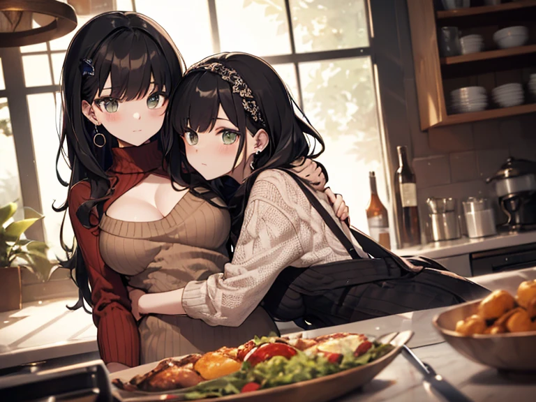 Masterpiece, best quality, high resolution, 2 girls sitting in a living room, both in pajamas, one of the girls: brown hair, eyes, green, fit body, medium breasts, fair skin, eating a paddle, slim, beautiful. The other girl: pale skin, black hair, grey eyes, medium breasts, fit body, slim, beautiful, clutching a cushion.
