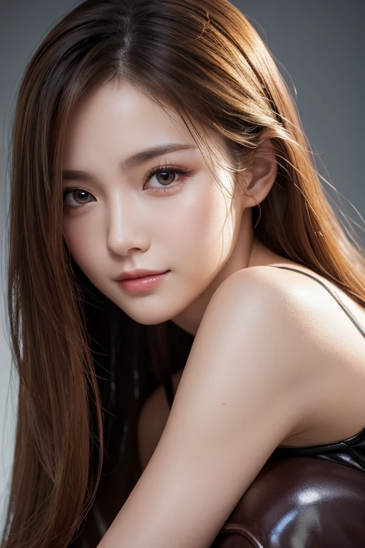table top, highest quality, realistic, Super detailed, finely, High resolution, 8k wallpaper, 1 beautiful woman,, light brown messy hair, He is wearing a black see-through dress shirt with an open collar., sharp focus, perfect dynamic composition, beautiful and detailed eyes, thin hair, Detailed realistic skin texture, smile, close-up portrait, model body shape
