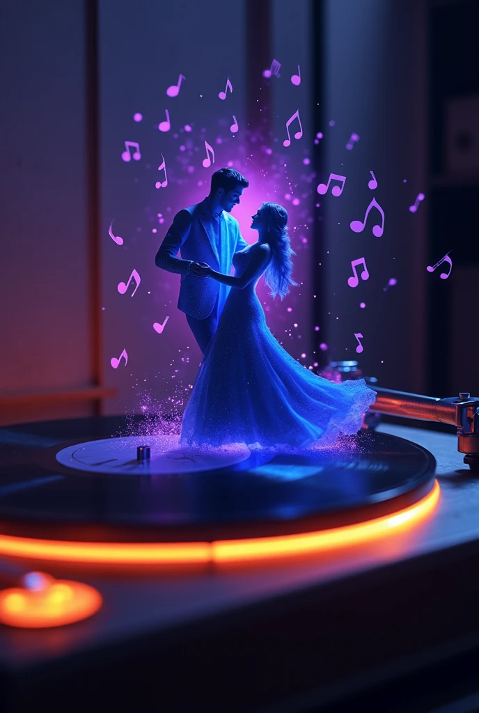 Masterpiece, classic record player, the black record board is spinning, vintage wooden turntable with intricate details and a polished surface, highly detailed. The arm is metallic silver-gray, depicting the moment the arm drops the needle.  anatomically correct, Dynamic effects flow as a small hologram, with blue silhouettes of an elegant couple dancing (twirling or swaying gracefully) arranged around the turntable, floating gracefully in the air. The focus is on the dancing couple, with particles of light gently swirling around them, and purple musical notes floating up and surrounding them. Dim lighting, with soft orange lights illuminating the turntable from below, casting a warm glow around it. Simple indoor background, with moving illustration, glitter effect, background blur, fluorescence, digital art, 8k.