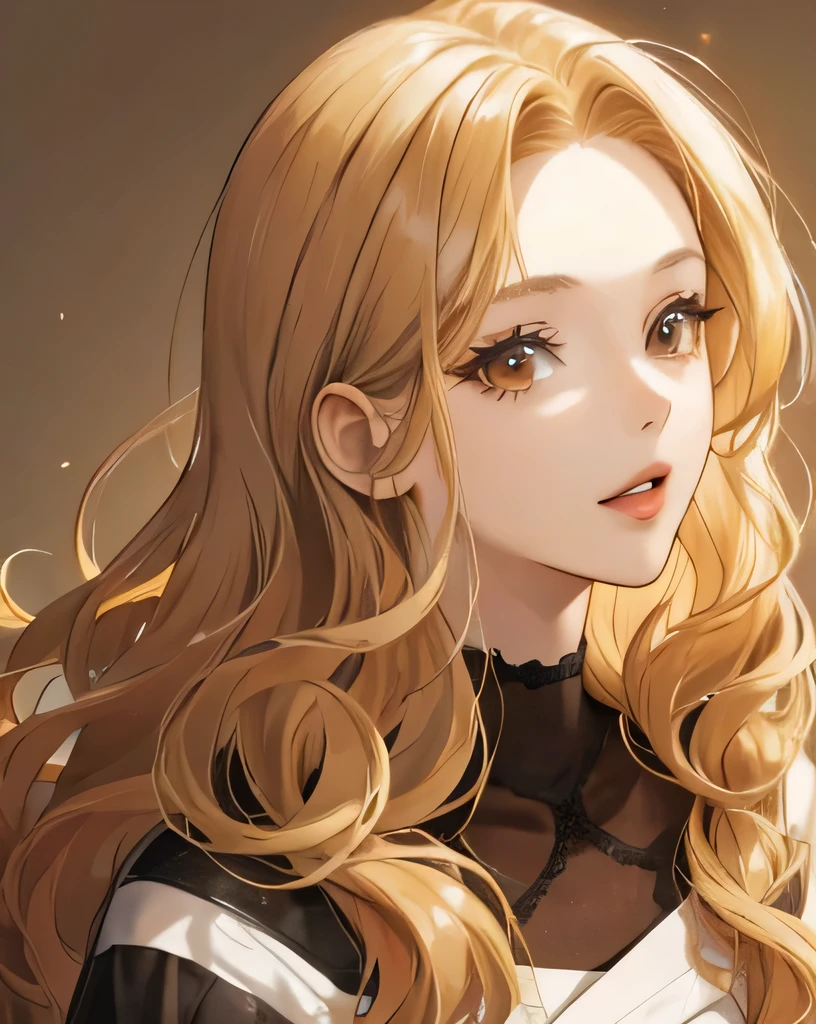 A pretty girl, 20 year old girl, fair skin, Long Caramel Blonde hair, brown eyes.