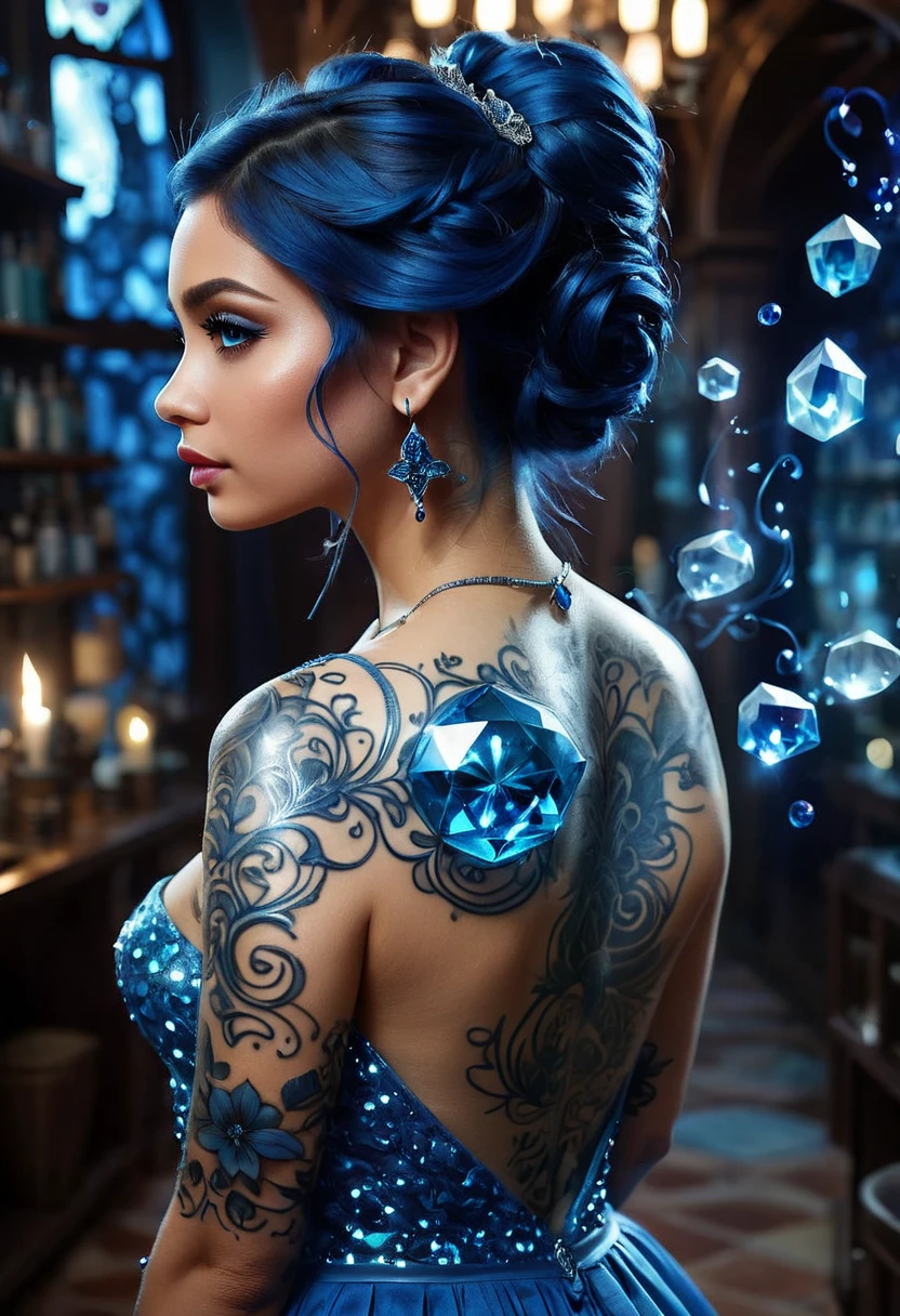 modisn disney, Arafed, Dark fantasy art, fantasy art, , uma imagem de uma tatuagem nas cyoutas de uma elfa fêmea,  with shiny tattoo of a  ((blue: 1.3)) a tatuagem de ryoua é vívida, intrincadyou e detalhadyou que ganharam vida nasceram da tinta e se tornaram reais, , you, AlchemyPunkAI, Photo taken from behind, ((  The back is visible  : 1.3),  she wears a transparent dress where the tattoos shine , crystal clear dress 