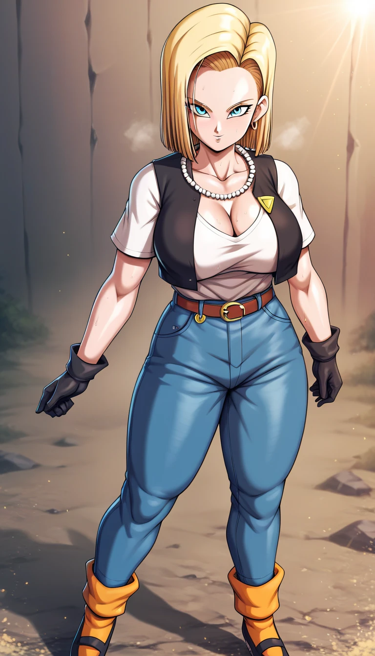 ((masterpiece)), ((best quality)), (detailed), perfect, solo, peach, beautiful woman, long hair, huge breasts, deep cleavage, big breasts, (((sweaty breasts)), big thighs, masterpiece, detailed face, android 18, 1 girl, alone, short hair, blue eyes, blonde hair, belt, looking at viewer, black gloves, forehead, tucked in shirt, white t-shirt, black shoes, badge, chain, jeans, looking at other, orange socks, high waist pants, open black vest, pearl necklace,