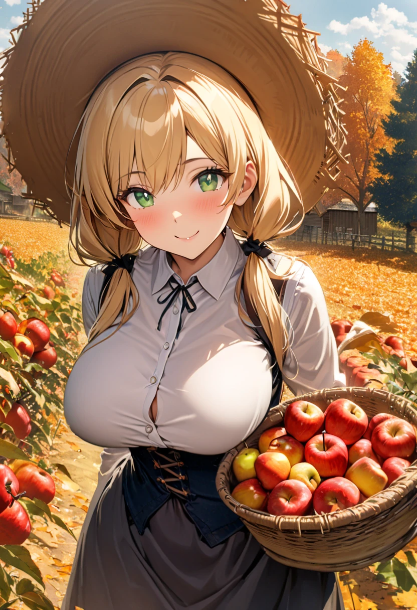 a woman with long blonde hair, long thick twin tails, green cat eyes, big rim straw hat, wearing farm clothes with a underbust corset, well detailed, smiling, big breasts, trees in the background, HDR, ultra resolution, well defined, masterpiece, 8K HD. (solo woman), autumn, fall colors, harvest time, New England, tomboy, athletic build, 1950’s, shirt unbuttoned, apple farm,
