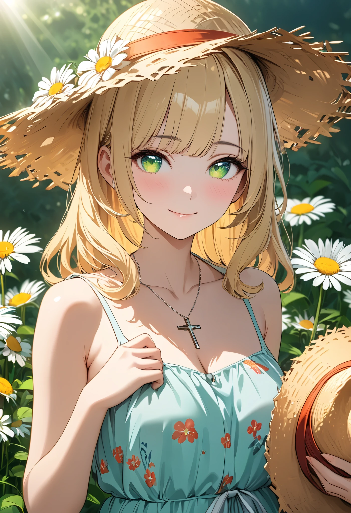 masterpiece, best quality, 8k, highres, ultra-detailed,  HDR, UHD, studio lighting, extreme detail description, professional,pop art,illustration, best quality, 1girl, green eyes, wavy blonde hair, straw hat, ribbon on hat, summer dress, floral print, daisies, flower field, soft smile, holding hat, delicate necklace, cross pendant, sunlight, gentle breeze, light green background, wooden fence, outdoor scene, serene atmosphere, pastel tones, warm and soft lighting
