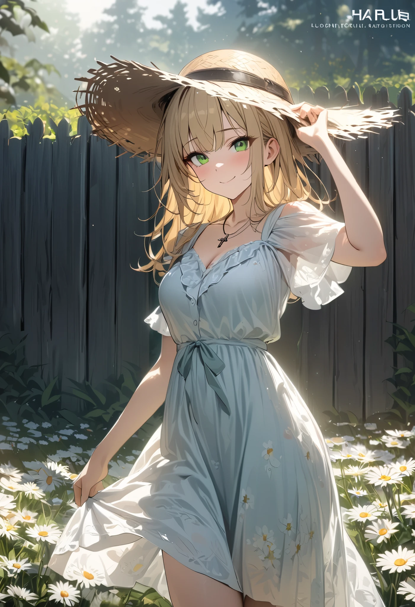 masterpiece, best quality, 8k, highres, ultra-detailed,  HDR, UHD, studio lighting, extreme detail description, professional,dark gothic,illustration, best quality, 1girl, green eyes, wavy blonde hair, straw hat, ribbon on hat, summer dress, floral print, daisies, flower field, soft smile, holding hat, delicate necklace, cross pendant, sunlight, gentle breeze, light green background, wooden fence, outdoor scene, serene atmosphere, pastel tones, warm and soft lighting
