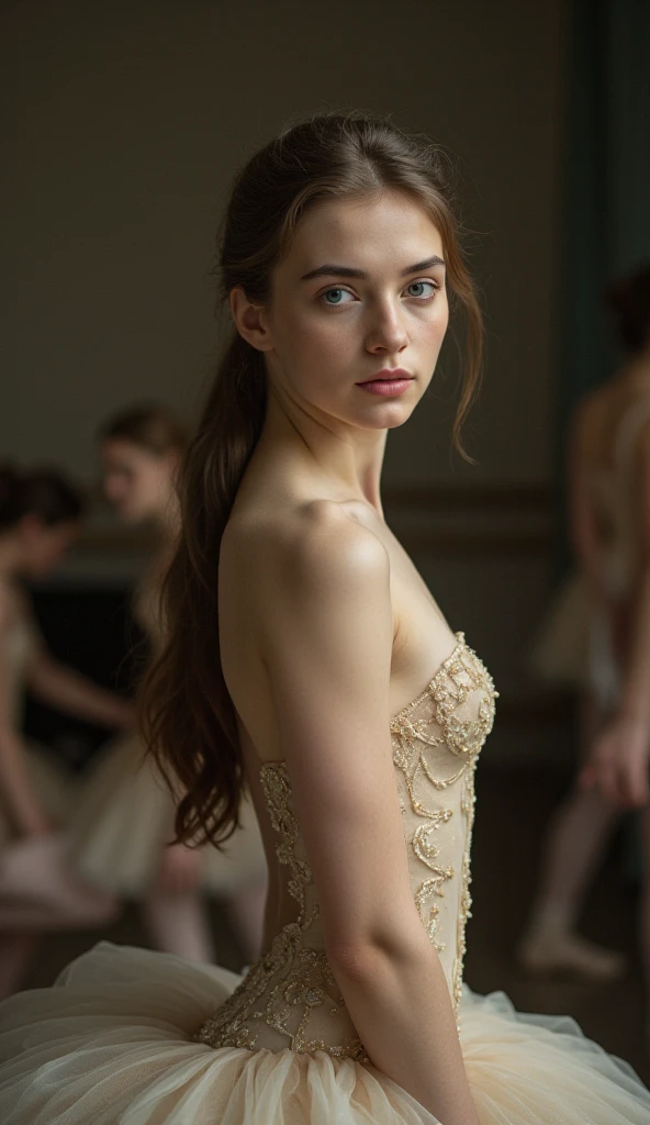 22 year old ballet dancer girl with dark eyes, brown hair full of tangles