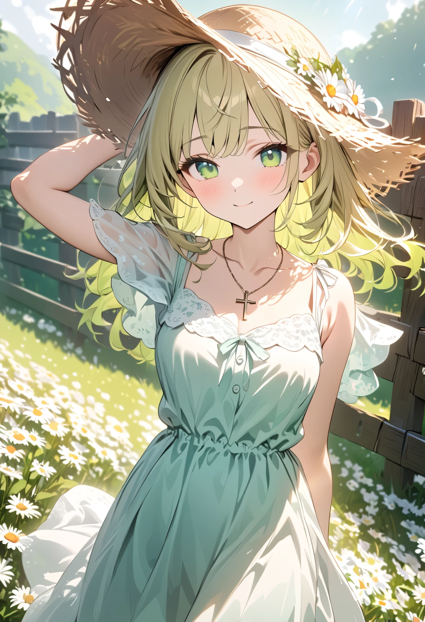 masterpiece, best quality, 8k, highres, ultra-detailed,  HDR, UHD, studio lighting, extreme detail description, professional,pastel,
theme color green, illustration, best quality, 1girl, green eyes, wavy blonde hair, straw hat, ribbon on hat, summer dress, floral print, daisies, flower field, soft smile, holding hat, delicate necklace, cross pendant, sunlight, gentle breeze, light green background, wooden fence, outdoor scene, serene atmosphere, pastel tones, warm and soft lighting
