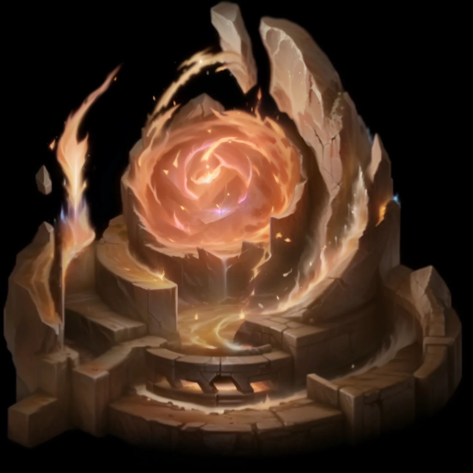 , Vortex Inlet ,  behind it, the World of Warcraft spell icon ,  A Gateway to the Realm of Lost Flames, Close up of the ancient symbol , A fissure portal to hell, Holy fire magic, Holy Fire Spell,  energy flows around ,  Fire Ability Flame Rotation，League of Legends item icon