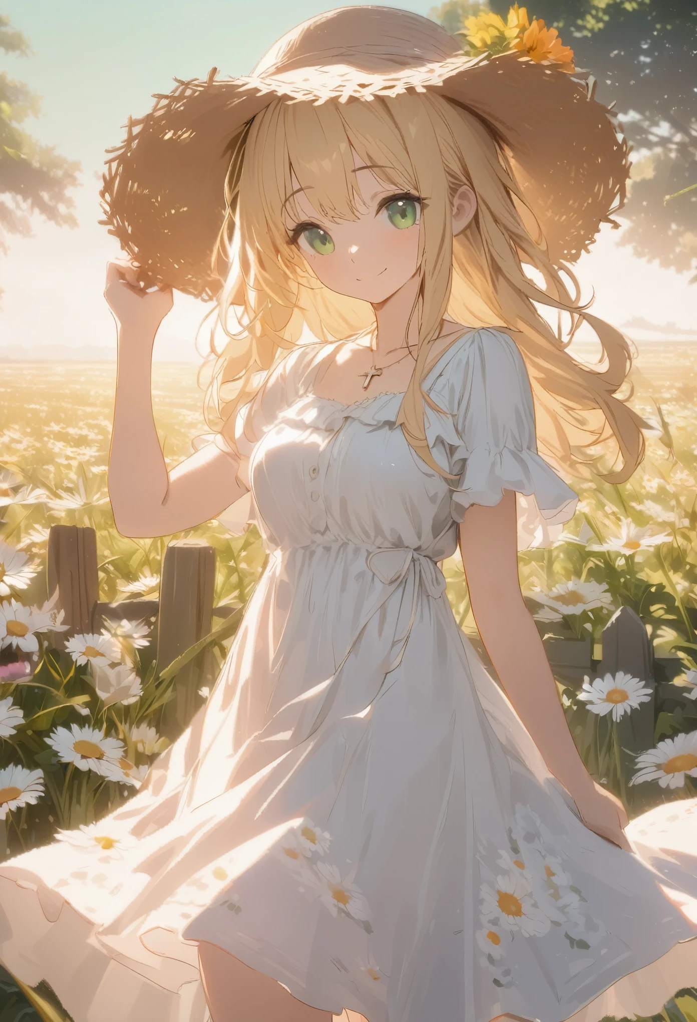 masterpiece, best quality, 8k, highres, ultra-detailed,  HDR, UHD, studio lighting, extreme detail description, professional, pastel,
Low Fidelity (lofi) art style,illustration, best quality, 1girl, green eyes, wavy blonde hair, straw hat, ribbon on hat, summer dress, floral print, daisies, flower field, soft smile, holding hat, delicate necklace, cross pendant, sunlight, gentle breeze, light green background, wooden fence, outdoor scene, serene atmosphere, pastel tones, warm and soft lighting
