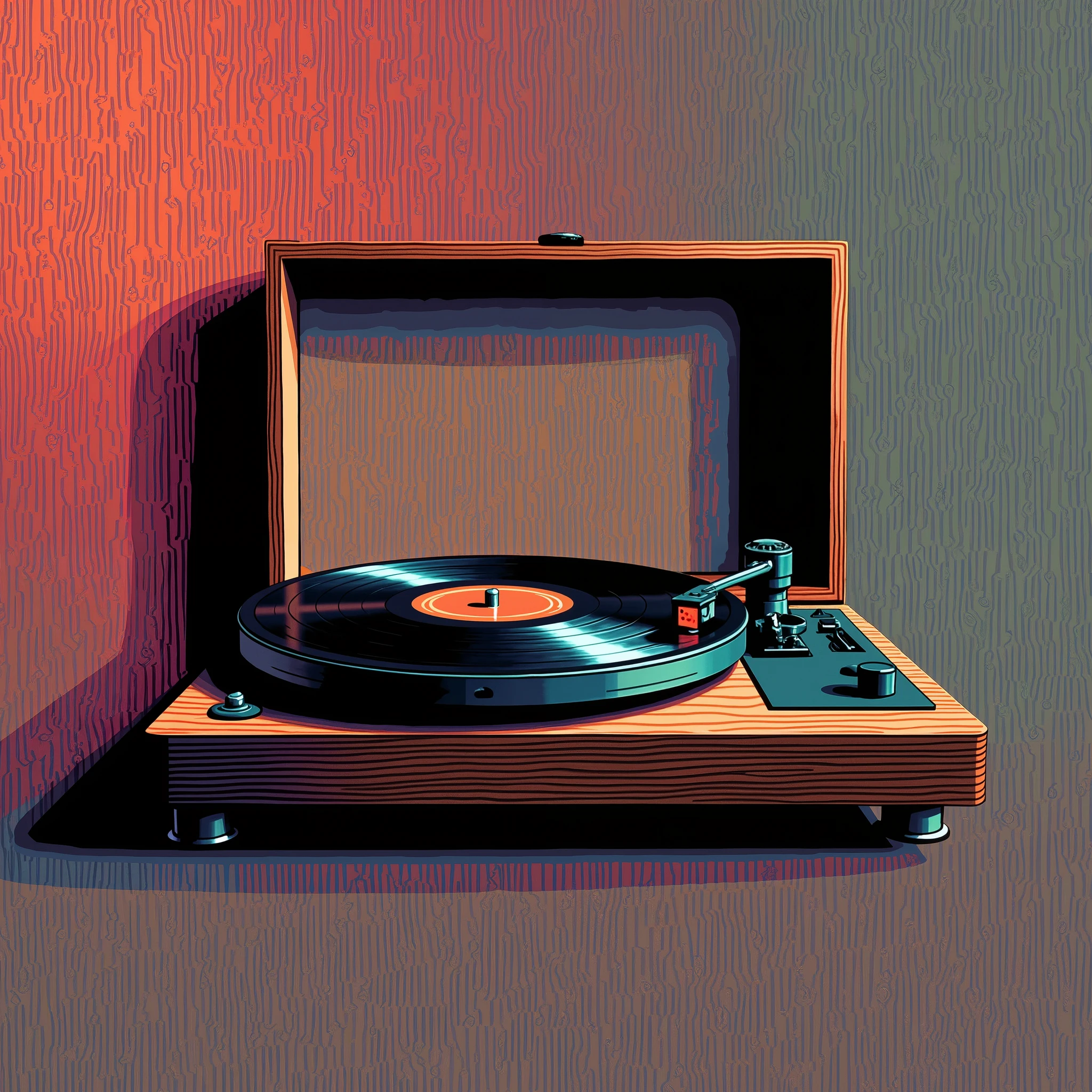 (masterpiece:1.2,Outstanding quality, best illustrations),8k,16k,wallpaper,Vintage Record Player, turntable with record player and microphone,1950s,1960s, Vector Art , Simple Design ,Simplified illustration ,The background is a hologram wood grain pattern