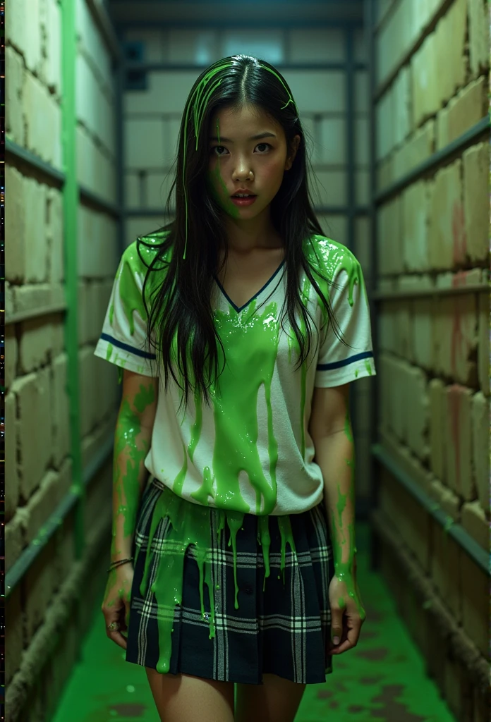 Film Photograph of beautiful 21-year-old Chinese girl covered in dripping green slime. White blouse. Plaid skirt. Schoolgirl uniform. Inside dirty dungeon. Dirty stone walls. Moist stone walls. f/1.4 aperture. hyper-realistic style. Chinese girl. Long flowing black hair. Dirty clothes. Scared. Cleavage. Dripping green goo. Slime.