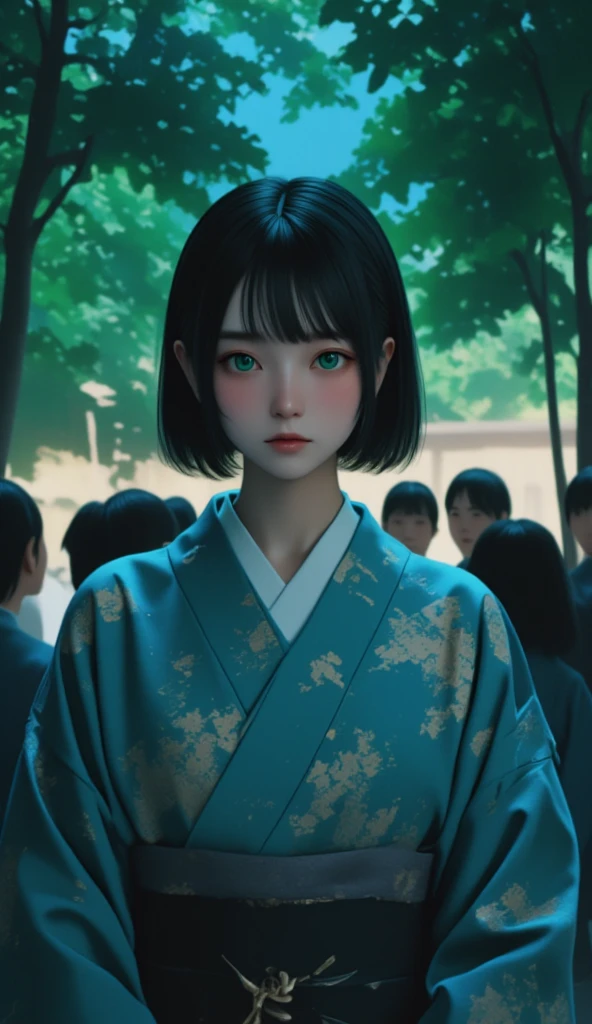 (((Green World:1.3)))、 best quality,  table top ,  high definition , ((( 1 girl))), ************,((( eyes are green :1.3)))、 Yamato Nadeshiko wears a kimono beautifully、((12 people 、伝統的な12 people )),  Tyndall effect, Realistic, Shadow Studio,Ultramarine Lighting ,  dual tone lighting, ( High Detail Skin : 1.2)、dim lighting、Dim lighting、  shot with a DSLR camera,  The background is blurry、 Photo Volume Release,  high definition , 4K, 8k,  background blur, beautiful fade out、Dark Blue World 