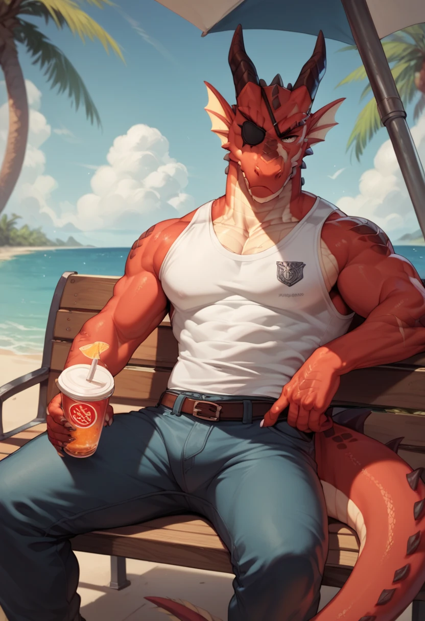 2d,Guy,Dragon Red body,Dragon white with scars,Dragon tail scars,eye patch,serious look on the face,clothes on,knife at hip in a pocket,sitting on bench,at the beach,drink cold drink.