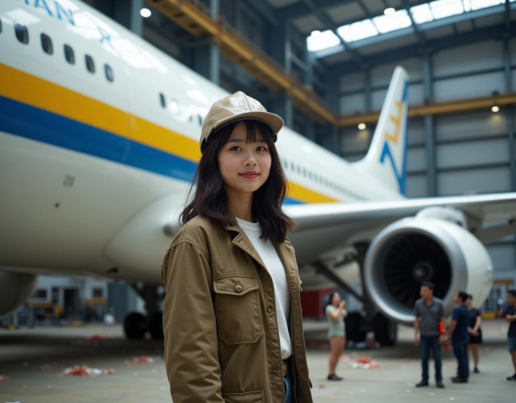 ultra-realistic, photorealistic, dramatic scene, shadow, global-illumination, solo, (20 years old Japanese famous idol girl:1.5), very beautiful fragile Japanese girl, very beautiful with very cute face, (aircraft mechanic, detailed face skin texture:1.2), (wearing an oil stained mechanic's outfit with jacket:1.2), She is standing by the wing of the aircraft, there is a impossibly huge aircraft of Antonov AN-225 aircraft that was completely repaired and repainted, at the spacious Aircraft hangar lavishly decorated to celebrate the completion of aircraft restoration, flowers, Many Ukrainian people attending the celebration ceremony, white airplane with yellow and blue lines, the aircraft has 3 jet engines per wing, (huge tail H-wing), (Large main wing attached to the upper end of the fuselage of an aircraft:2), (front side view of the aircraft), She looks so happy, smile, everyone is clapping hands, confetti