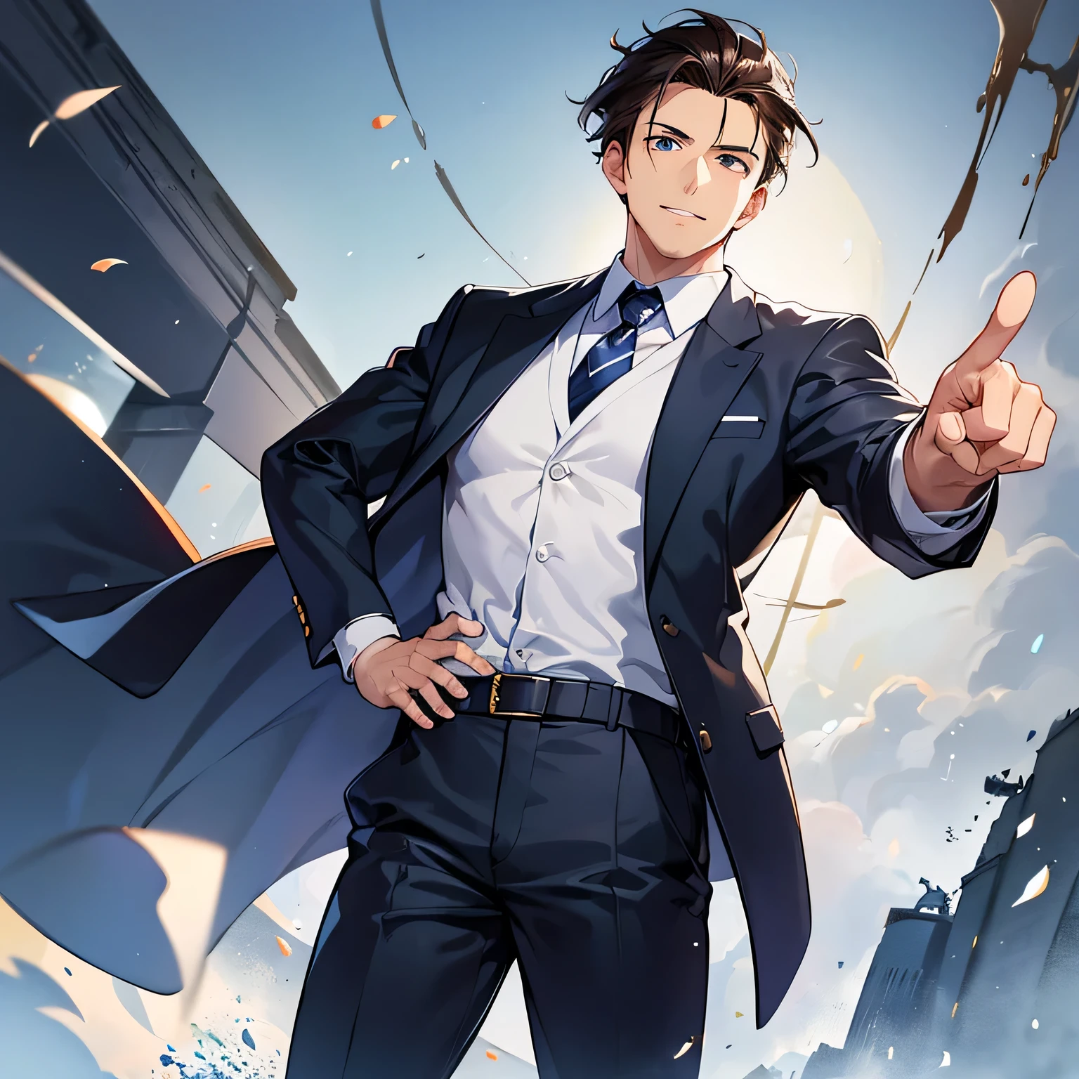 Top quality, best picture quality, 1080p, 8K, masterpiece, first class, (perfect face), (attention to detail), male, ((30 years old)), (alone), (headshot), frontal, handsome anime pose, looking at camera, ace lawyer from Ace Attorney, ace lawyer style, anime pose, ((left arm raised to chest level and pointing finger))), anime style, dark brown hair, classic short side parted light hair, navy blue recruitment suit, navy blue trousers, grey tie, watch on wrist, (open mouth), round chin, fresh full smile.