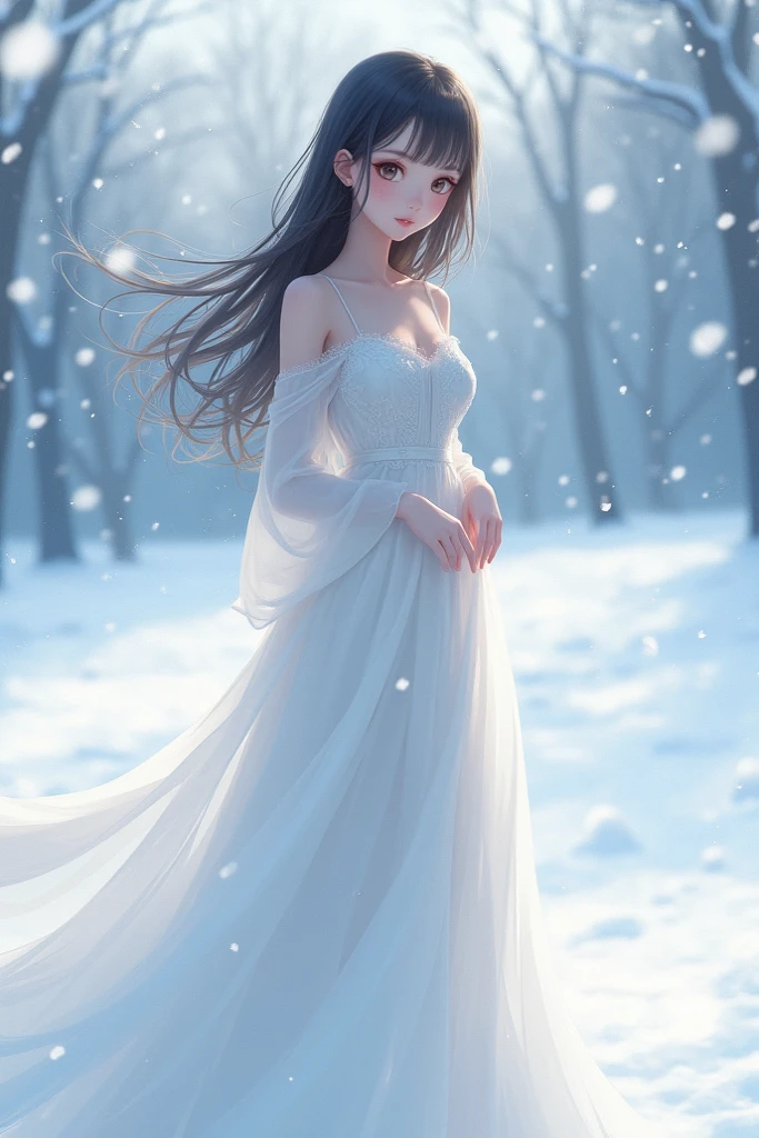 Gemini、constellation、Girl with snow-white long straight hair、Wearing a white dress and smiling、Perfect Beauty