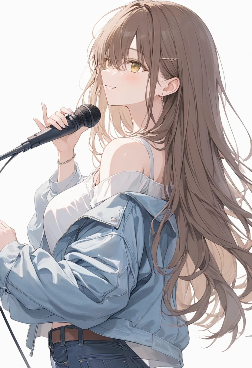 一人のwoman, profile, singing with microphone ,Put one hand on your chest ,pastel,smile,happiness, yellow eyes,Brown Hair,Long Hair, bangs hanging over eyes ,black drop shoulder jacket,Wear jeans, White innerwear ,  has a white background, ,woman&#39;s back, masterpiece, best quality,Exquisite,8k,  absurd, super detailed illustration ,( audience )