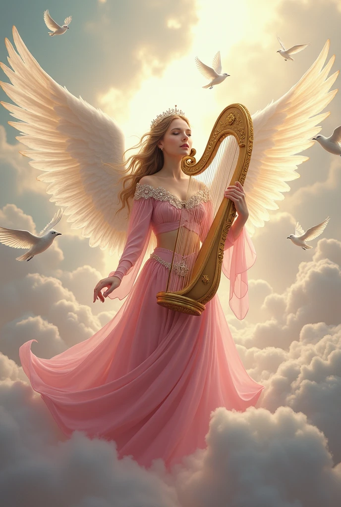 a picture of a female angel playing the (harp: 1.5) in heavens, a beautiful female angel, full body shot, ultra detailed face, ultra feminine, angel_wings spread angelic wings, red hair, wavy hair, dynamic eyes color, dynamic divine clothing, atmosphere of serenity, divine atmosphere playing the pipe organ in heaven, clear blue sky and heaven clouds background, divine rays,  fantasy art, RPG art, best details, best quality, 16K, [ultra detailed], masterpiece, best quality, (ultra detailed), full body, ultra wide shot, photorealistic