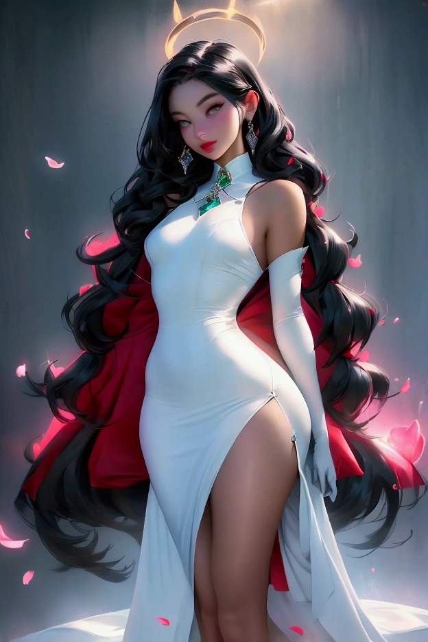 8k wallpaper, perfect lighting, masterpiece, very young slim fit girl, full height, rounded face, (straight long black hair:1.3), (big brown eyes:1.3), evil smile, perfect medium breast, look at you, elegant tight dress, very long dress with slit, tight dress, sexy dress, very long fit leg, narrow hips, hold hands behind back, christinaricci-ti, chri5tinaricci9899