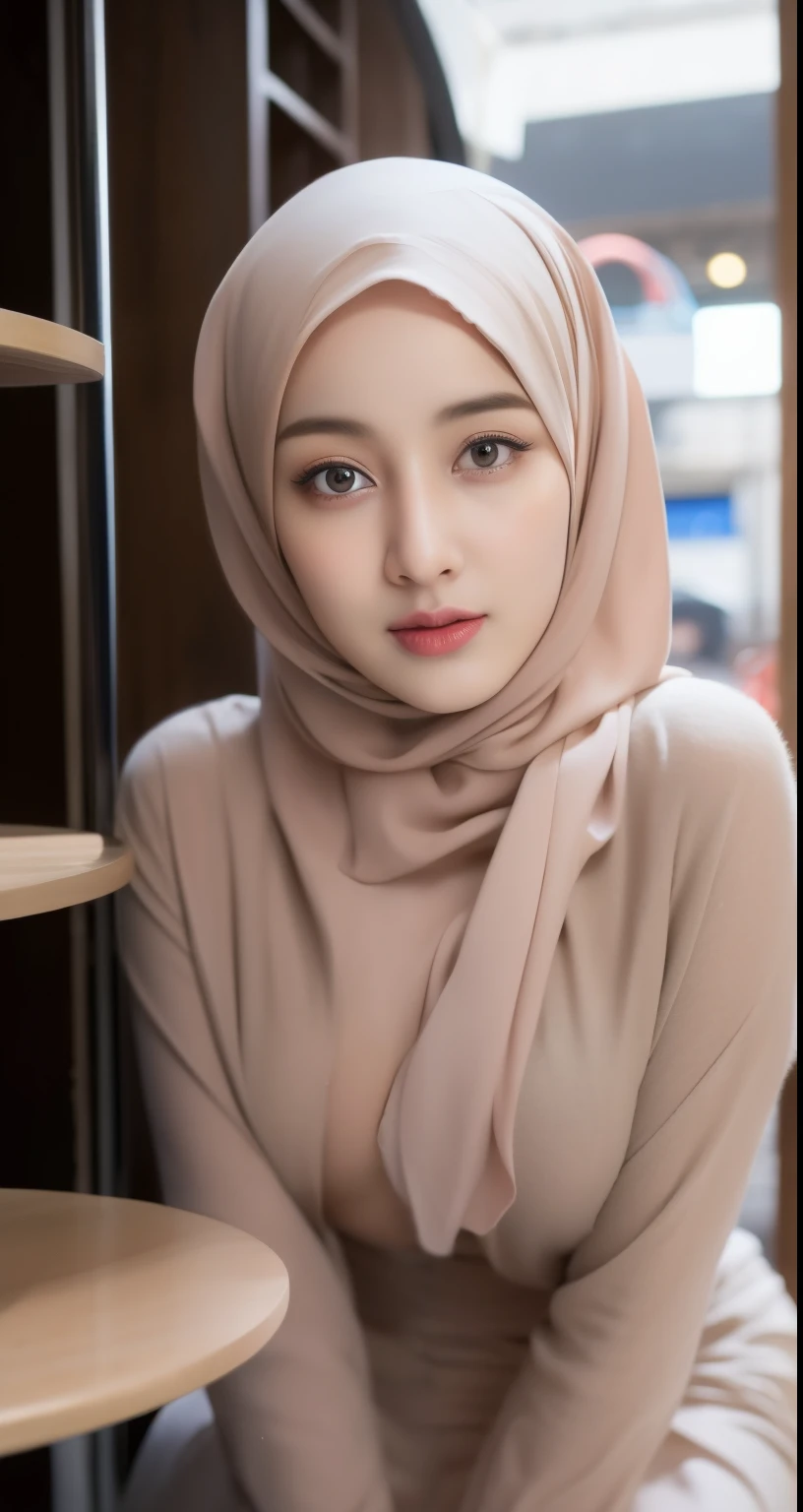 ((wear hijab in head)), pretty hijab girl, cute face, in caffe, caffe shop,beutifull long eyelashes, brown eyes, (intricate eye details), detailed nose, detailed lips, detailed face, detailed eyes, detailed hijab girl, (very cute face), wear hijab girl, wear hijab, wear hijab in head, no bra, ((Nude body)),show breasts, ((medium breasts)), show your breasts, medium tits, show your breasts, ((naked)), open long clothes,long blue blush clothes, clothes long outfit trendy, ((show breasts)), sexy waist, hijab girl, caffe background,masterpiece, (take pictures from bottom to top), photorealistic, HDR, UHD, professional, vivid colors, warm lighting,night,masterpiece, realistic beautifull hijab.