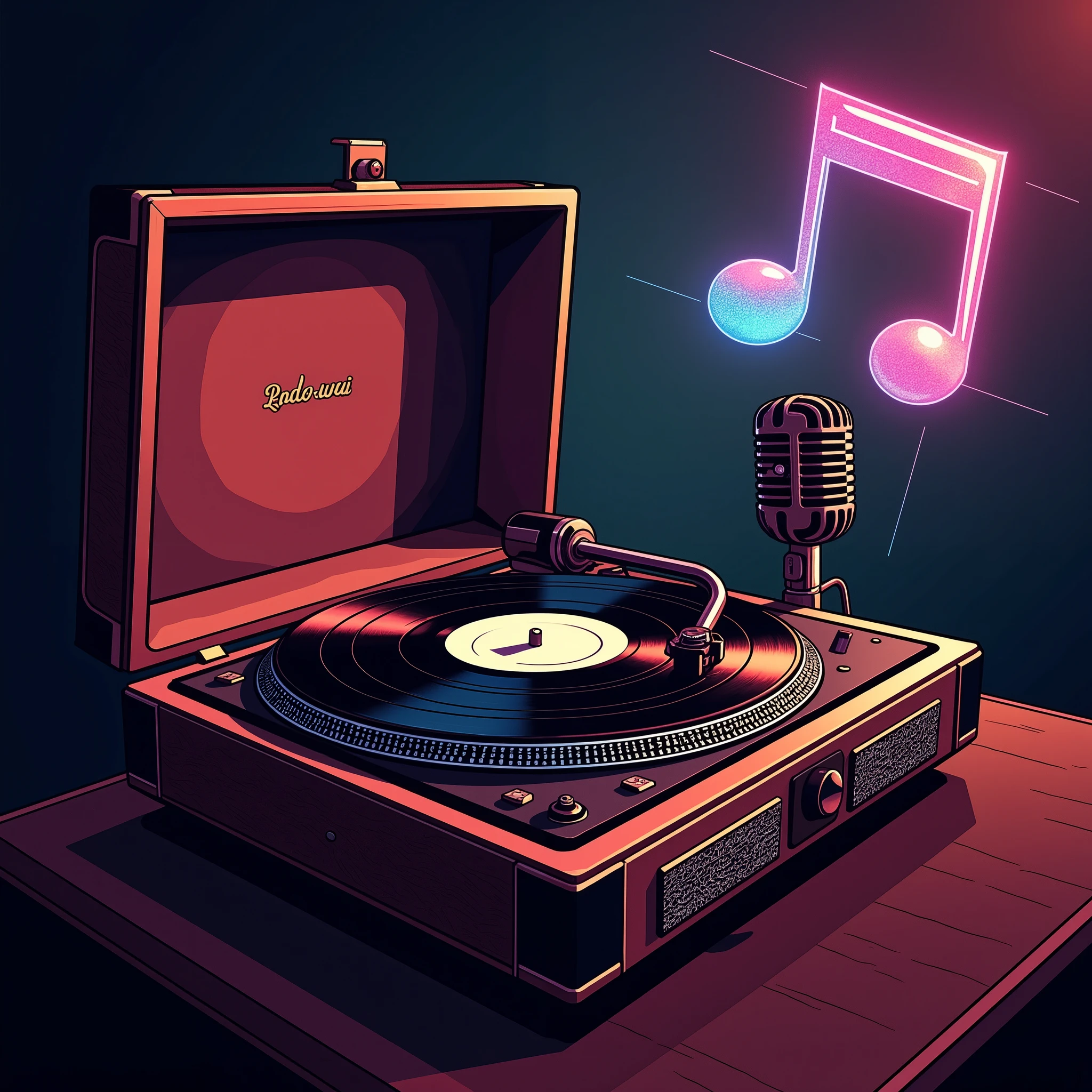 (masterpiece:1.2,Outstanding quality, best illustrations),8k,16k,wallpaper,Vintage Record Player, turntable with record player and microphone,1950s,1960s, Vector Art , Simple Design ,Simplified illustration ,The background is a hologram musical note