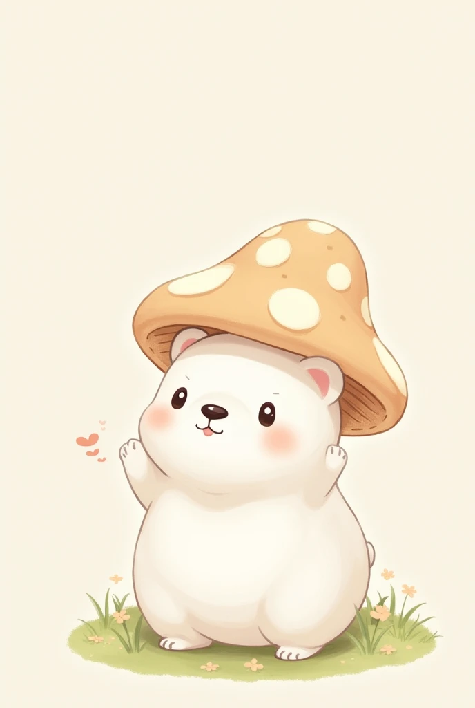 Help me create a cute chibi about bear with a mushroom hat, main color is white and brown