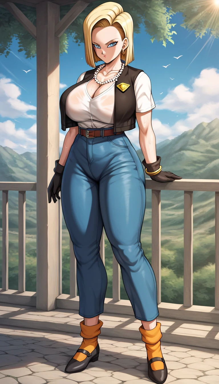 ((masterpiece)), ((best quality)), (detailed), perfect, solo, peach, beautiful woman, long hair, huge breasts, deep cleavage, big breasts, (((sweaty breasts)), big thighs, masterpiece, detailed face, android 18, 1 girl, alone, short hair, blue eyes, blonde hair, belt, looking at viewer, black gloves, forehead, tucked in shirt, white t-shirt, black shoes, badge, chain, jeans, looking at other, orange socks, high waist pants, open black vest, pearl necklace,