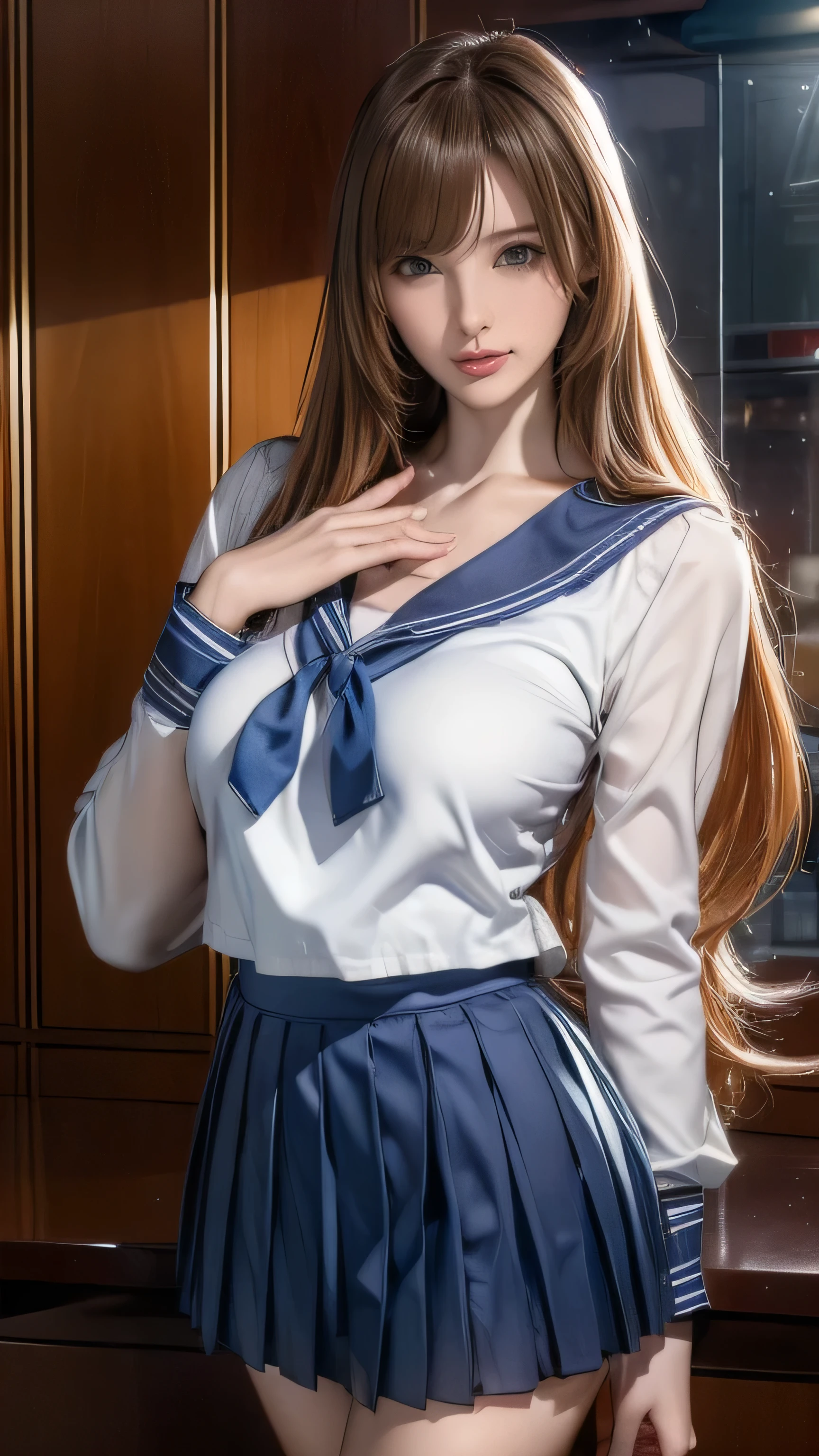 ((masterpiece:1.2、highest quality、Tmasterpiece))、1 female、alone、classroom、Day、(Korean Idols:1.2)、(Are standing:1.4)、blonde、(Hime Hair:1.4)、Wavy Hair、Medium Hair、Beautiful legs、break、((Sailor suit:1.4))、(Day焼けした肌:1.4)、(Big Breasts:1.5)、(black tights)、Hoop Earrings、corset、lipstick、Pleated mini skirt、Ring Choker、blush、smile、Covered breasts、(Thick lips:1.2)、Detailed body、Very detailed絵画, Luminism、4K resolution、3D Rendering、Exquisitely crafted , Cinematic、Realistic、Hit definition、Abstract Beauty、Approaching perfection, Pure Form, Golden Ratio、Very detailed, Digital photography, Soft natural light, 50mm lens, F1.8 Vacancies、blush、Small face、Small waist