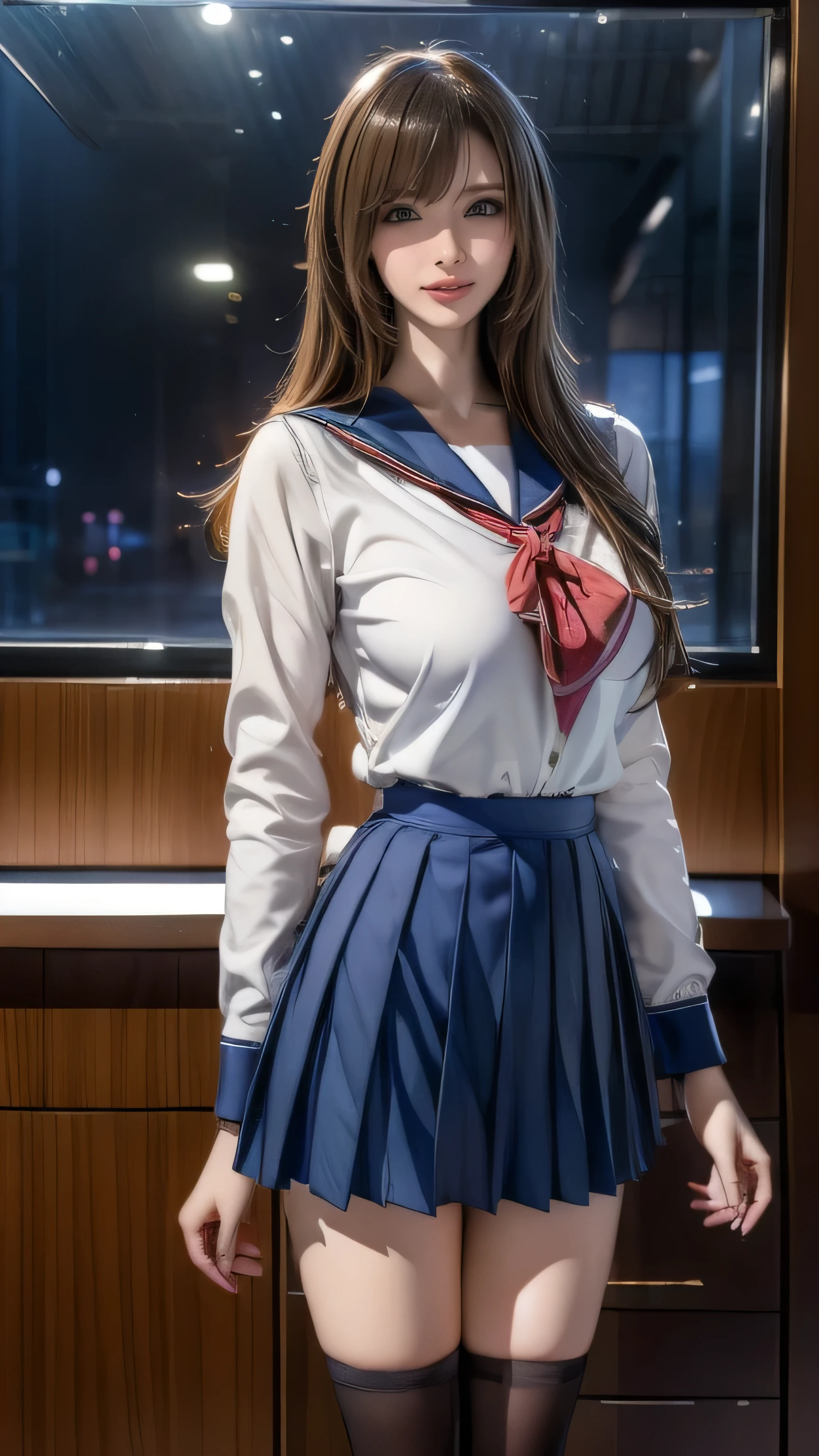 Arafed woman in a uniform posing in front of a window - SeaArt AI