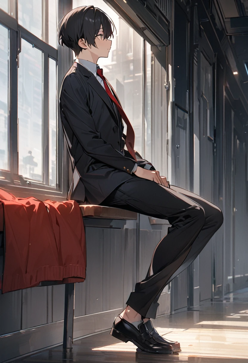 masterpiece,  best quality:1.2)、male、student、 shorthair 、Calm Eyes、Black school uniform, black blazer、 red tie、Black trousers、 full body、profile、 side view