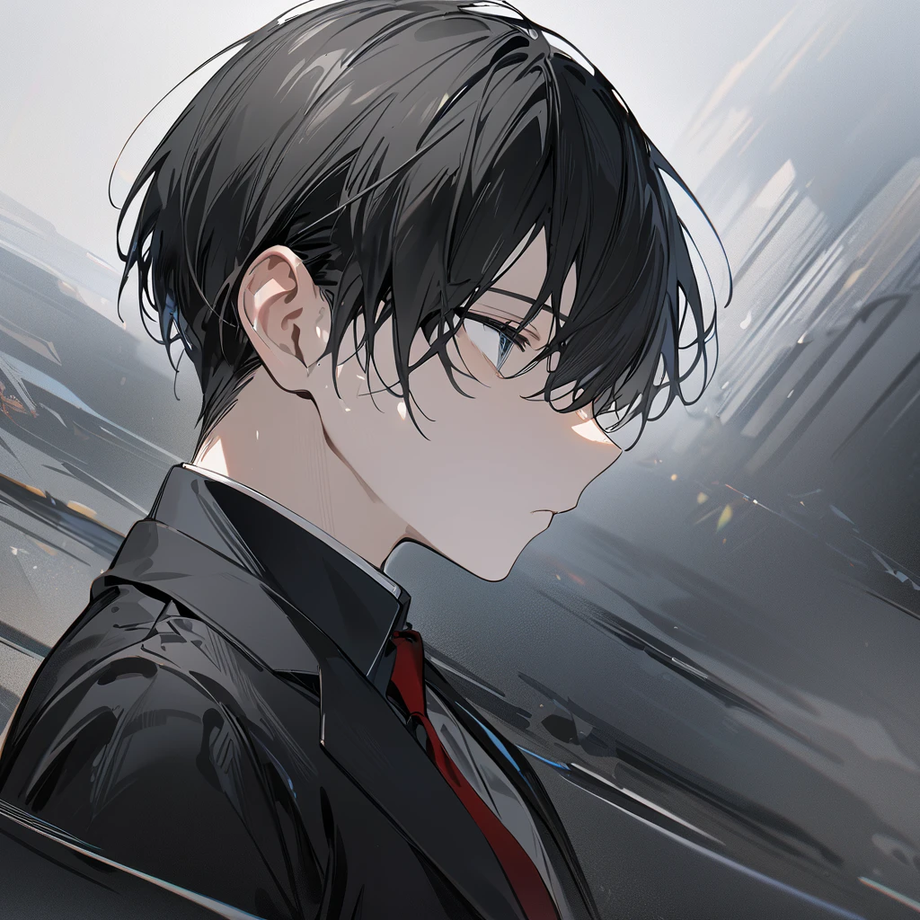 masterpiece,  best quality:1.2)、male、student、 shorthair 、 black hair、Calm Eyes、Black school uniform, black blazer、 red tie、Black trousers、 full body、profile、 side view