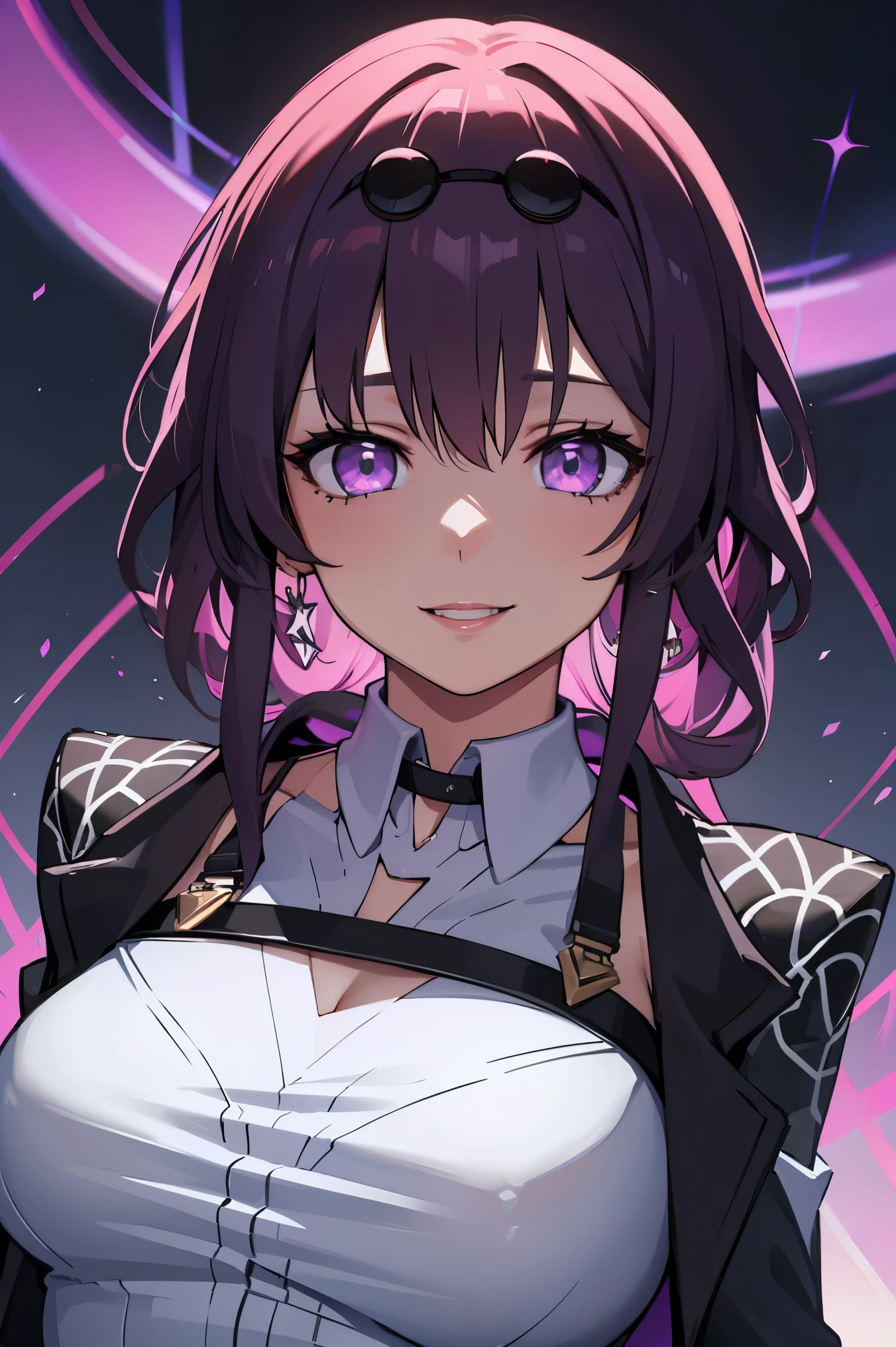 (masterpiece, best quality, ultra-detailed, best shadow), (detailed background), (beautiful detailed face), high contrast, (best illumination, an extremely delicate and beautiful), ((cinematic light)), colorful, hyper detail, dramatic light, intricate details, (1girl, solo, kafka, honkai star rail, mommy smile, sexy, purple hair, sharp face,purple eyes,dynamic angle), depth of field,black light particles